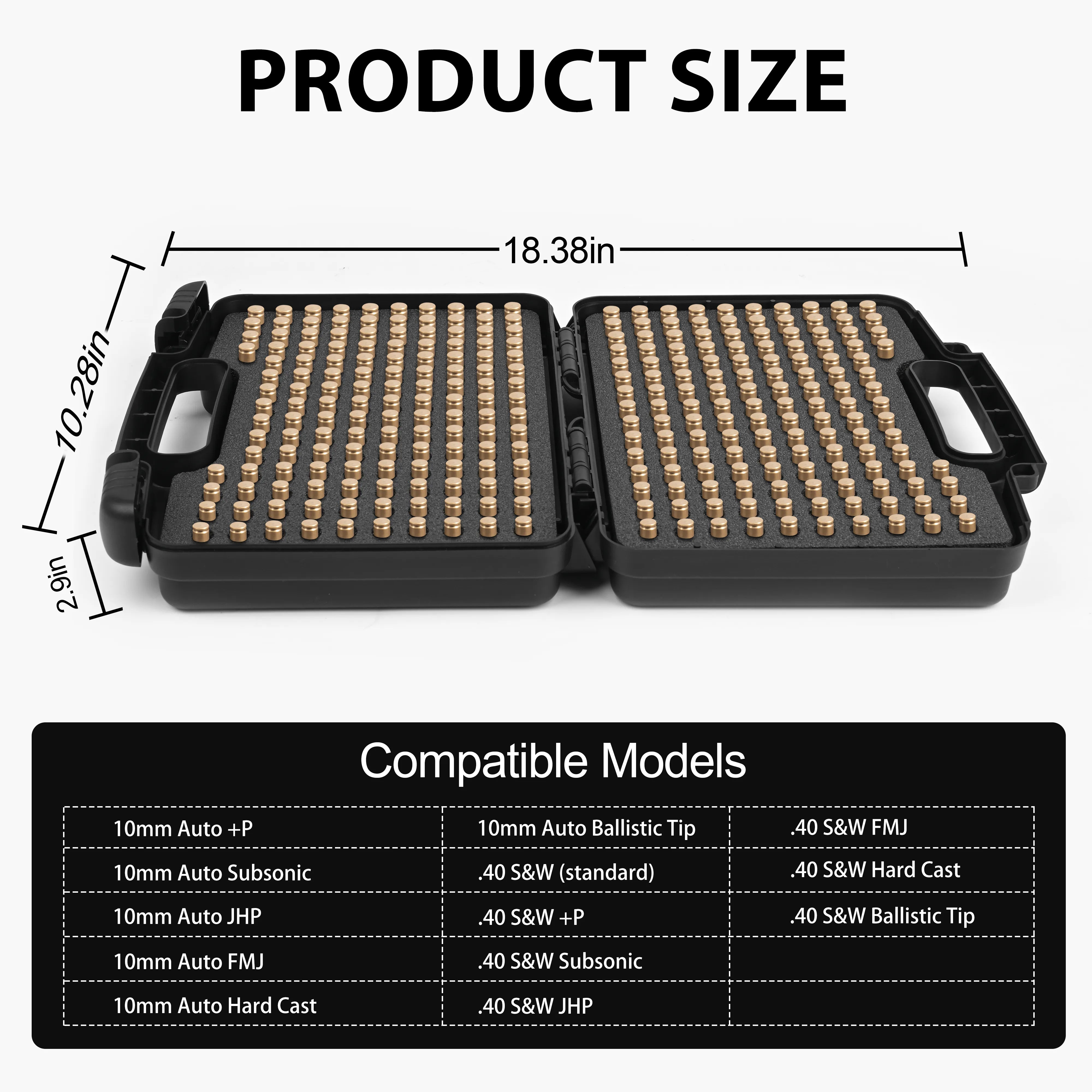 Product size and caliber compatibility chart for the IP54 waterproof ammo case.