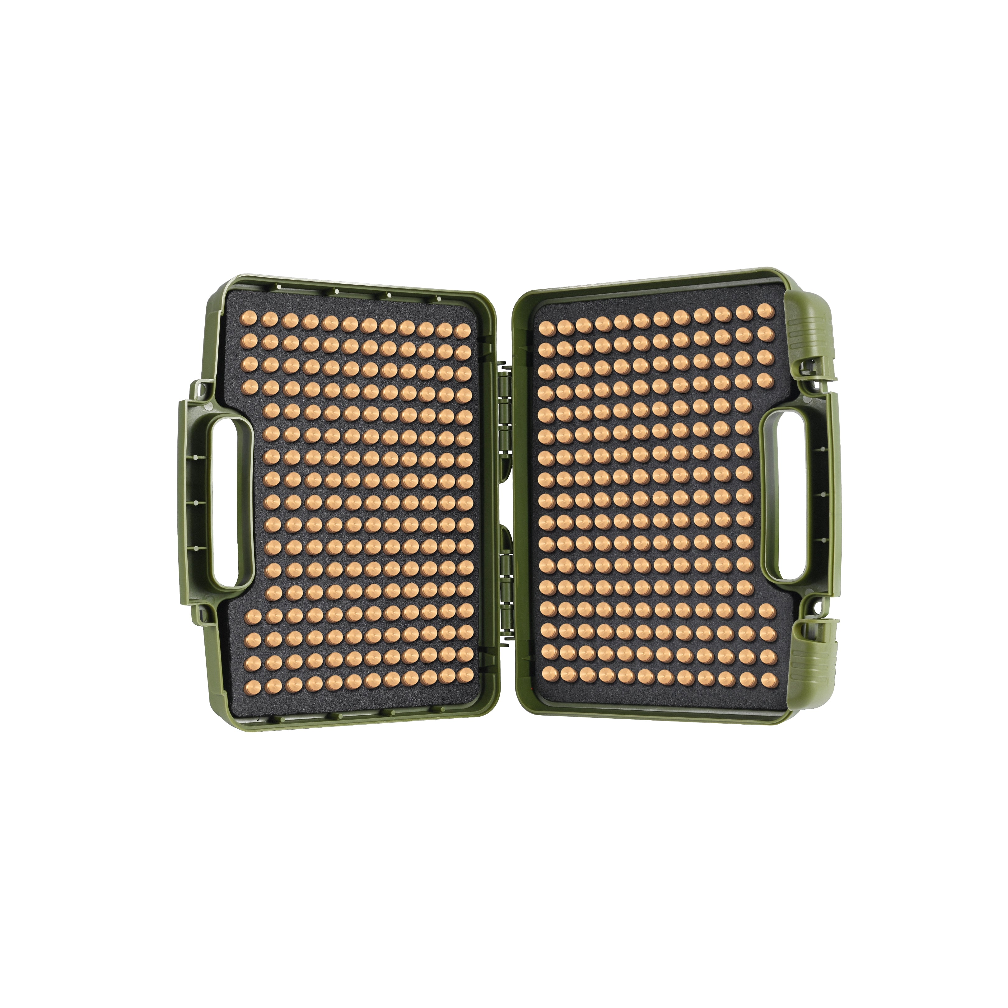 Angled interior view of the 390-round waterproof ammo storage case with dual foam layers.