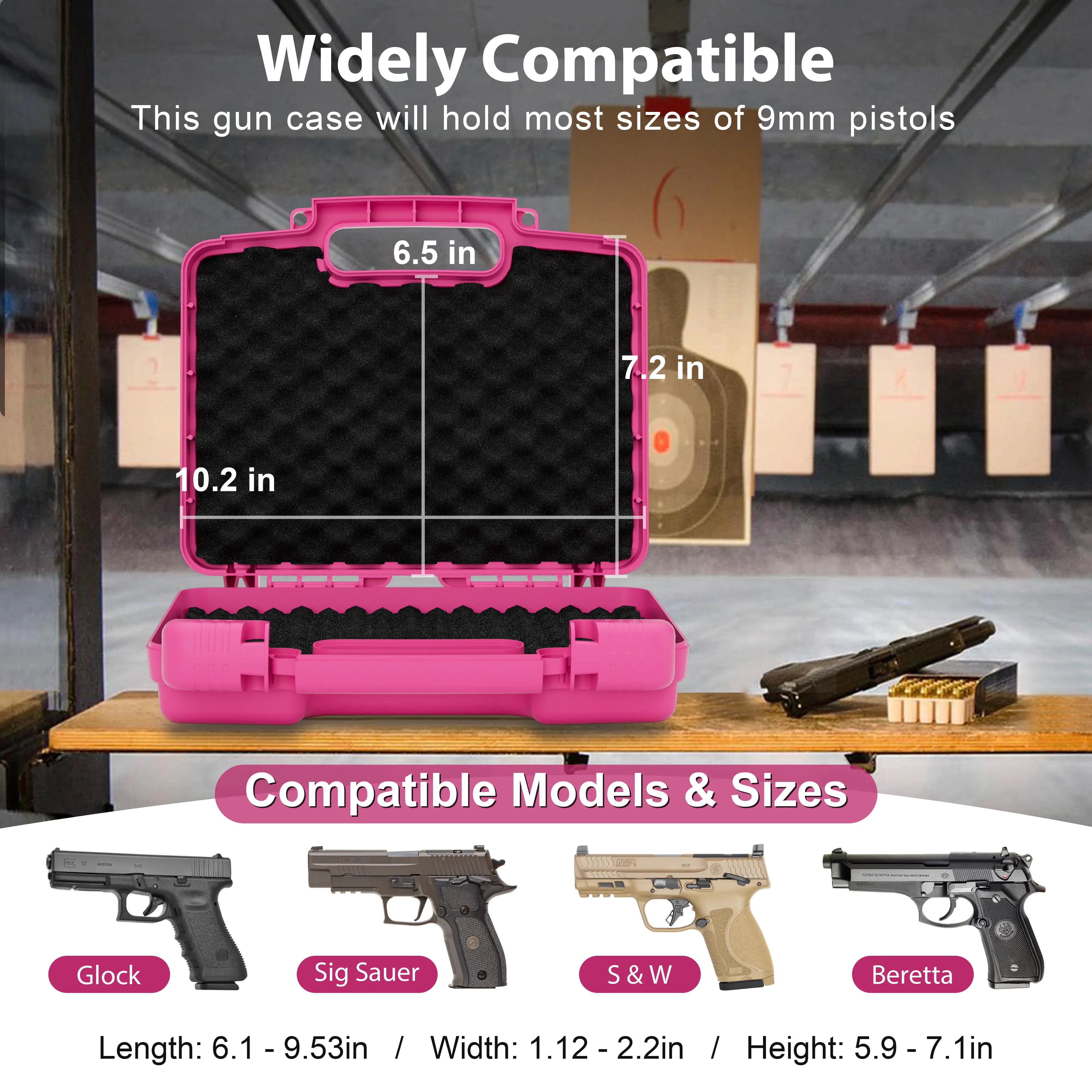 Handgun and pistol compatibility guide for the 10-inch waterproof weapon case.