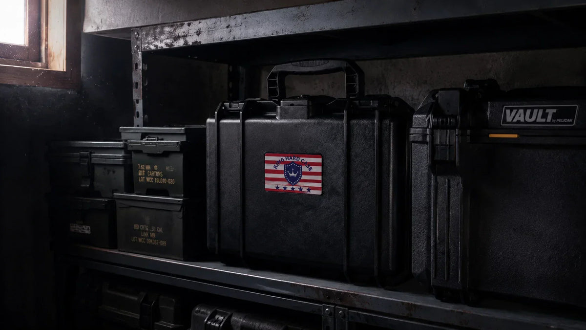 Real-life basement setup showing heavy-duty tactical ammo storage cases properly organized on a steel shelf.