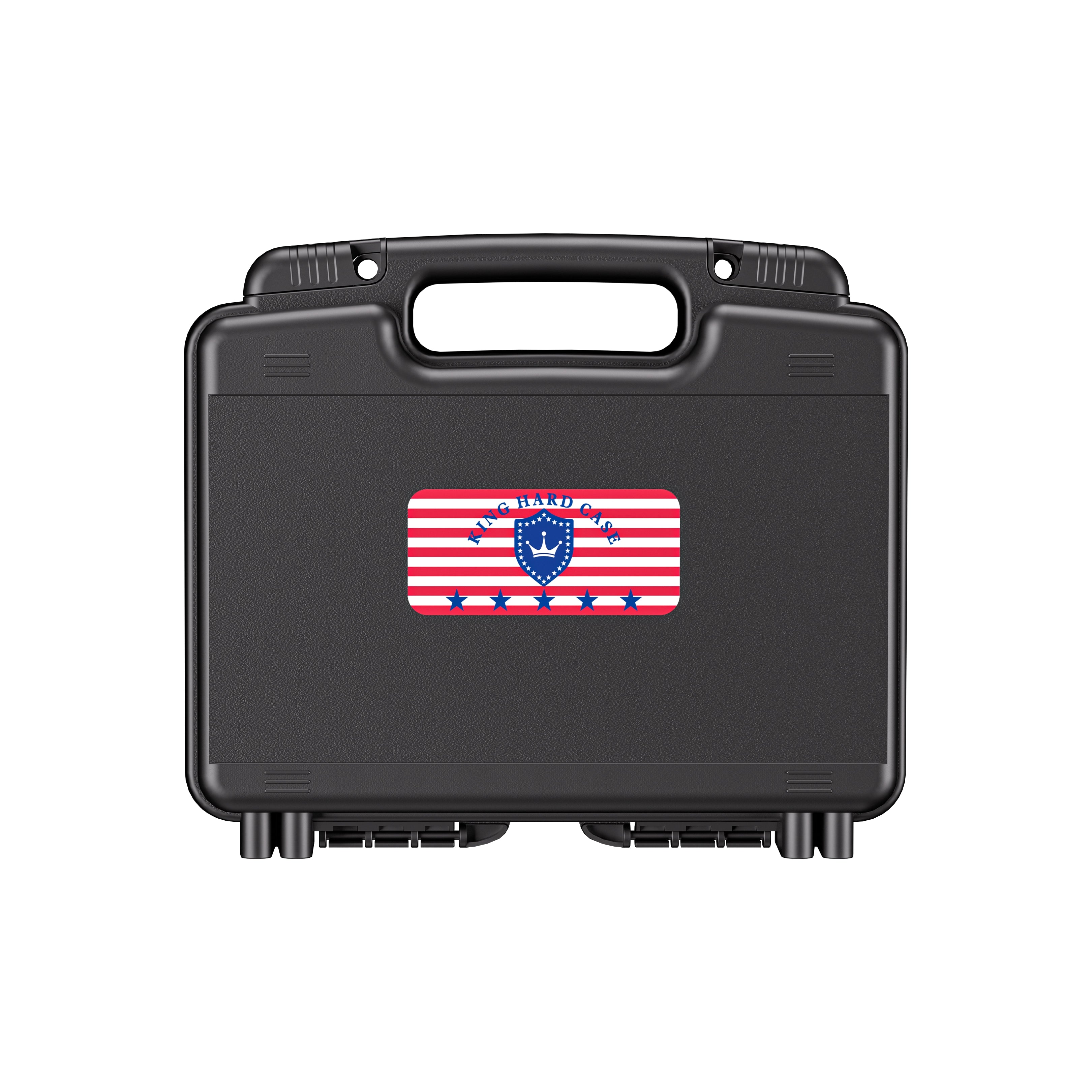 Front view of the lightweight and compact 10-inch black waterproof weapon case by KINGHARDCASE, perfect for 22LR storage.