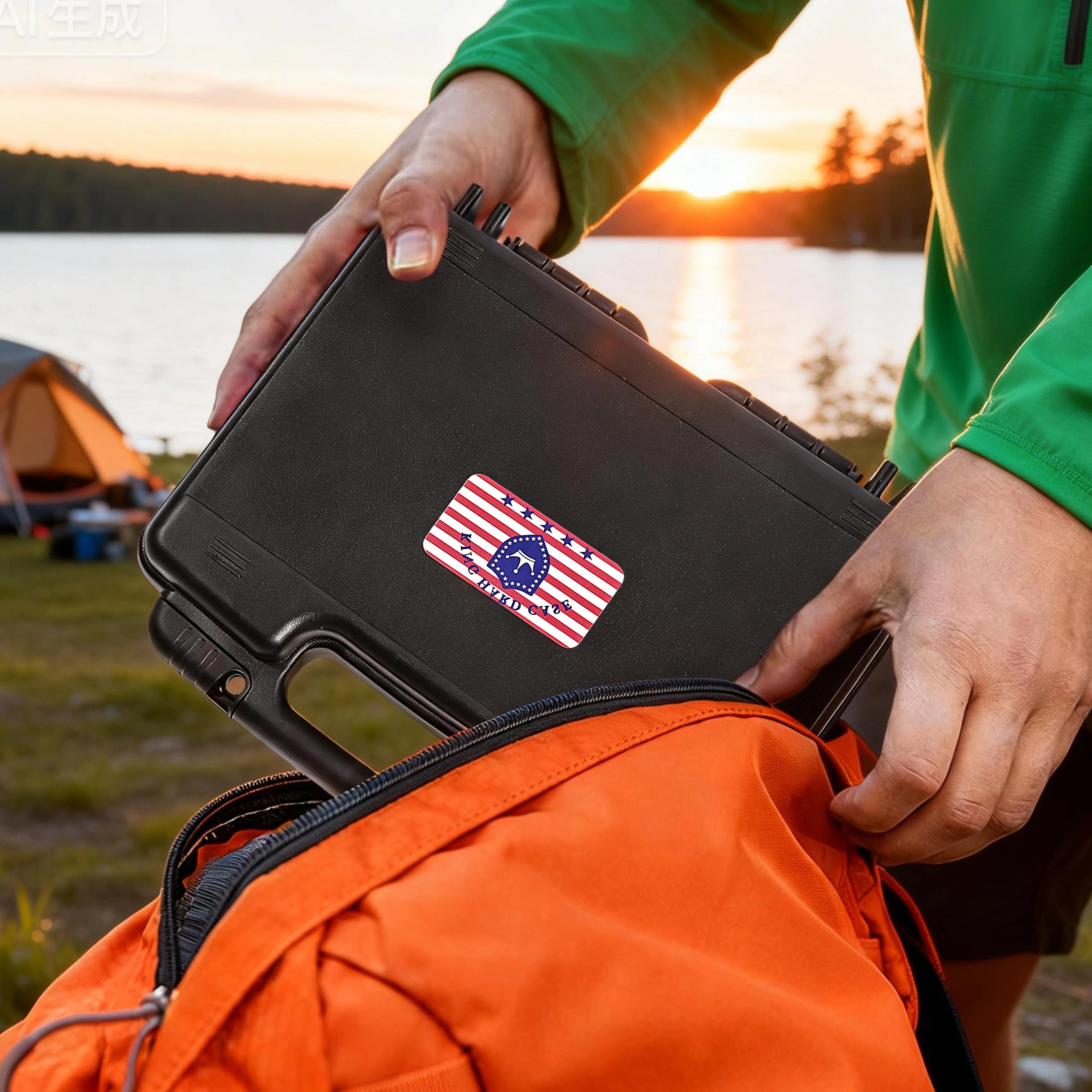 Person placing the portable 10-inch 9mm waterproof weapon case into a backpack, highlighting its travel-friendly design.