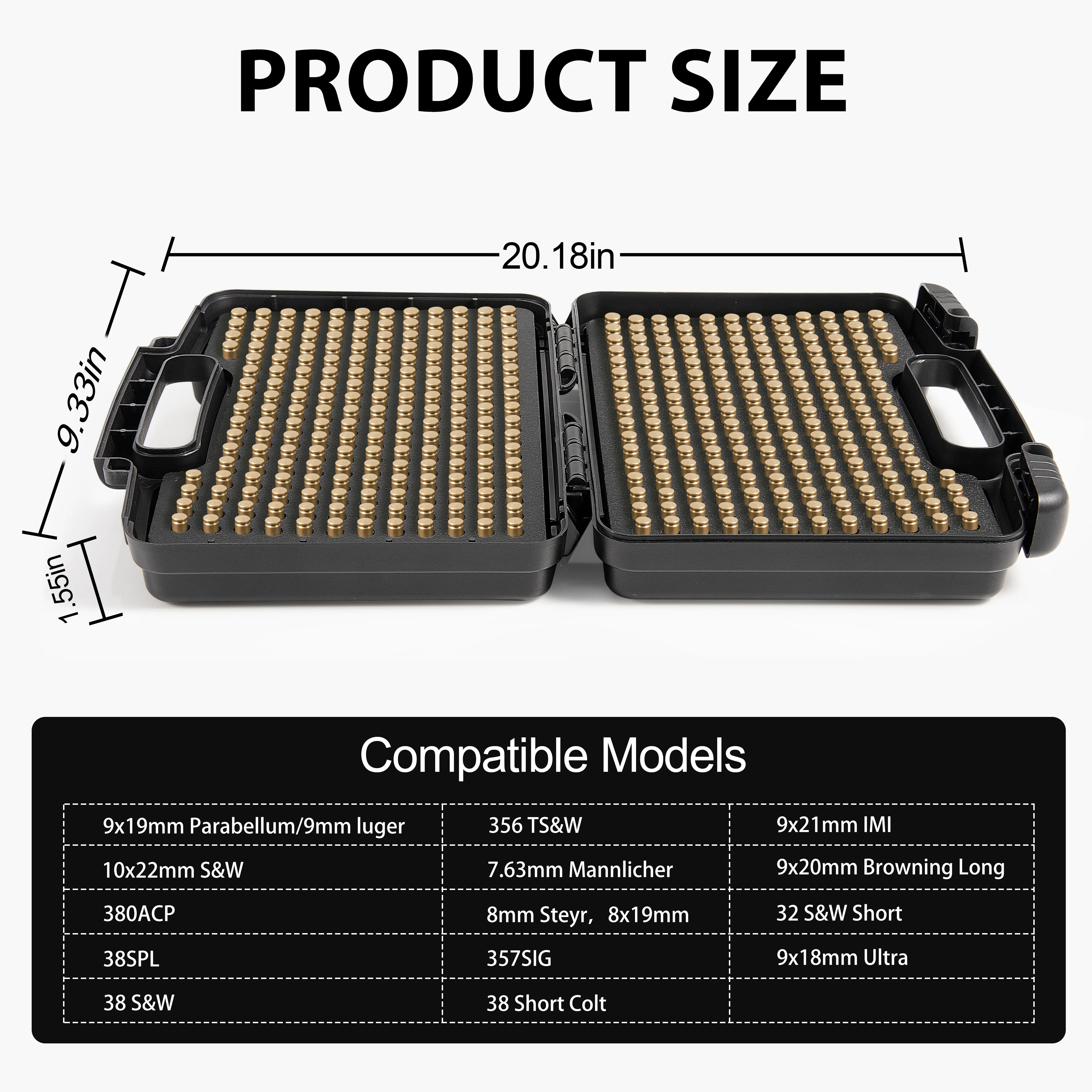 Product size and 9mm compatibility chart for the KINGHARDCASE 390-round waterproof ammo case.
