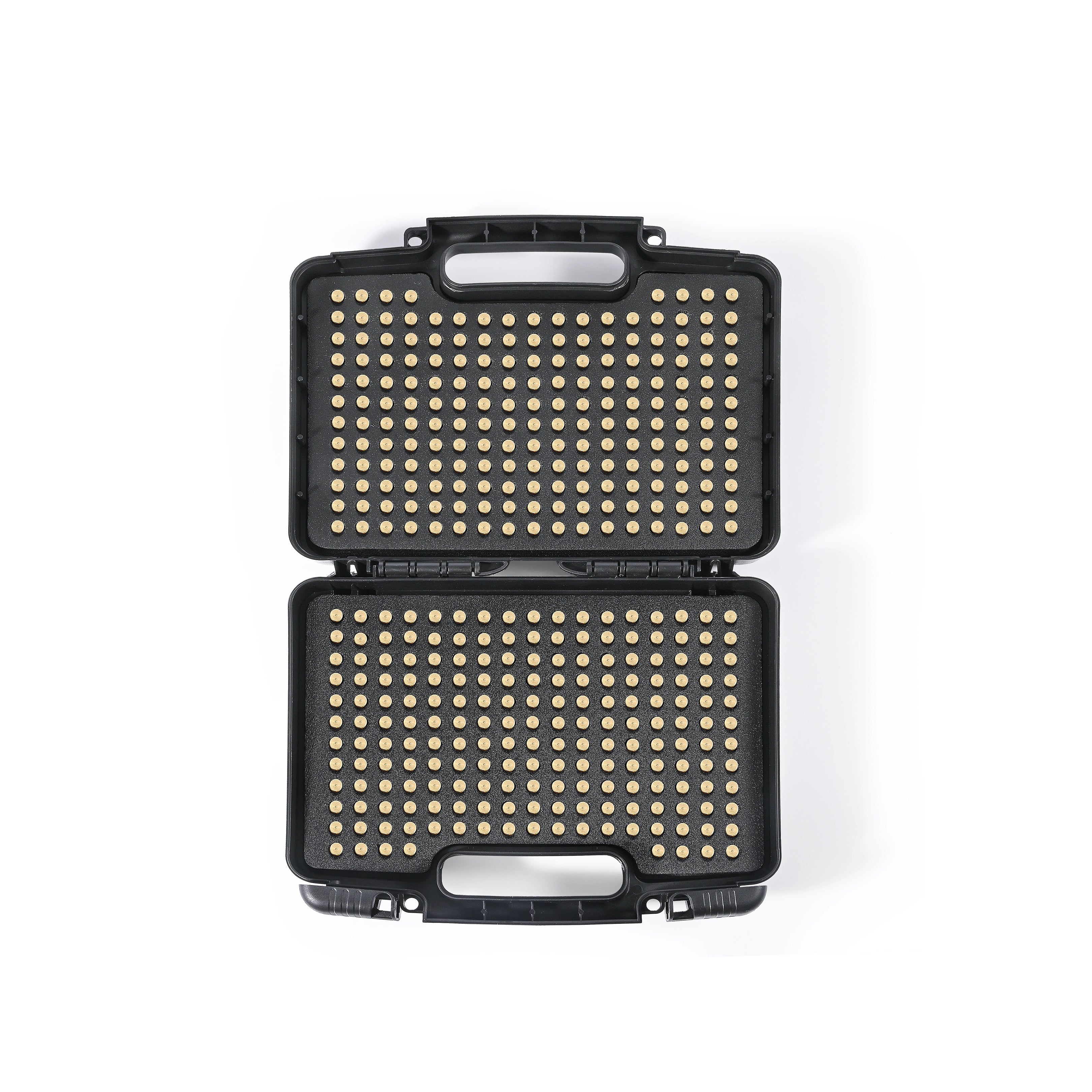 Full interior view of the 9mm waterproof ammo storage case displaying premium foam cushioning for 390 rounds.