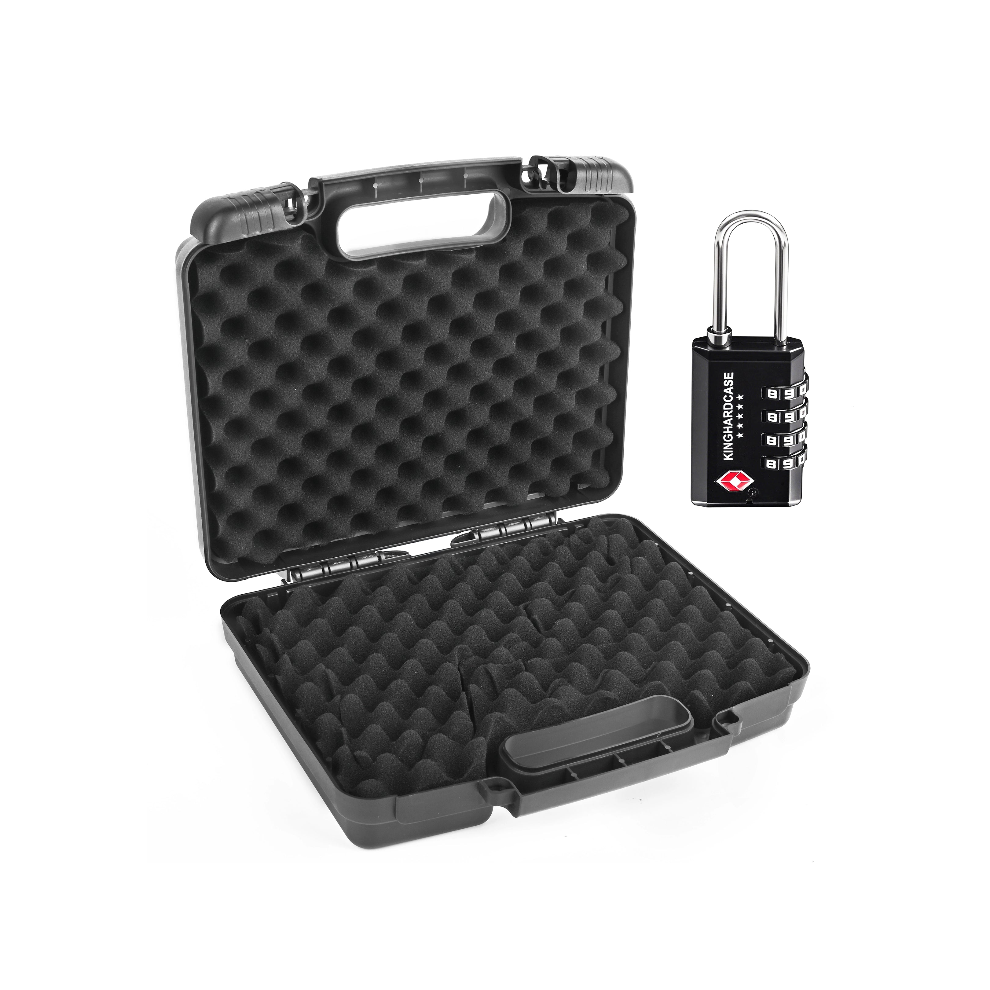 Secure 10-inch black waterproof weapon case featuring a dual lock hole design, shown with a padlock for enhanced safety and peace of mind.