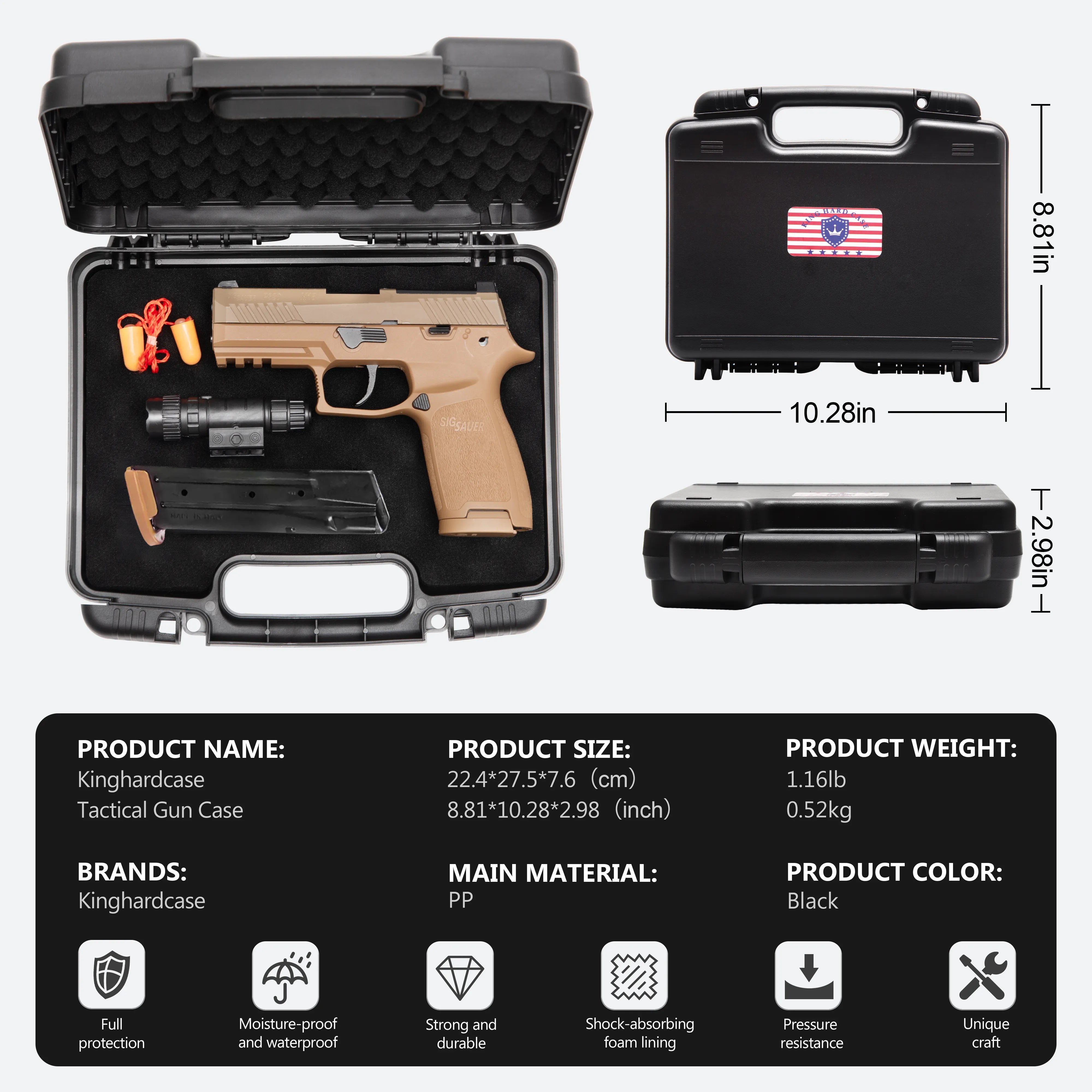 Detailed features and specifications of the 10-inch waterproof weapon case, showcasing safe firearm storage.