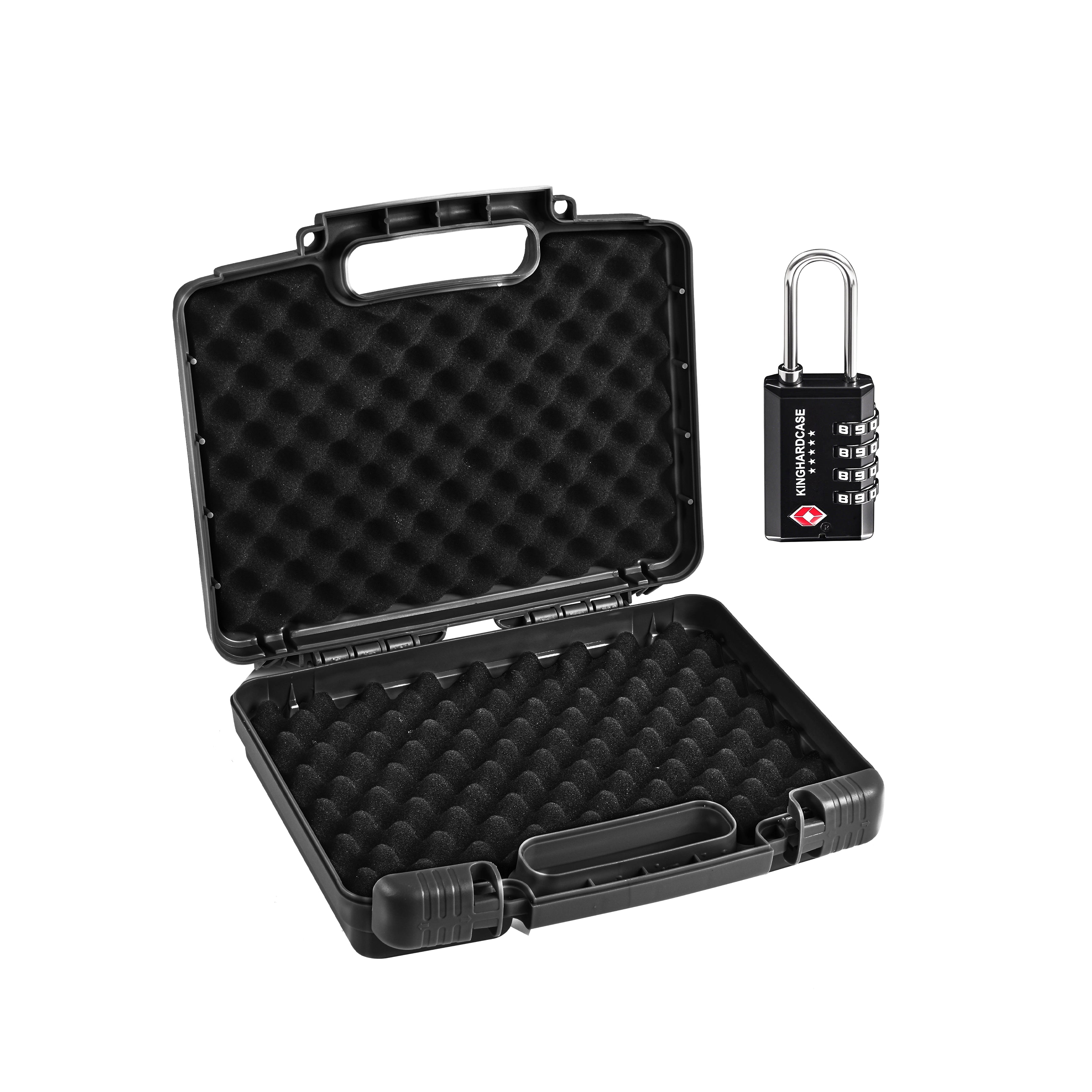 Secure 10-inch waterproof weapon case featuring a dual lock hole design, shown with a padlock for enhanced safety.