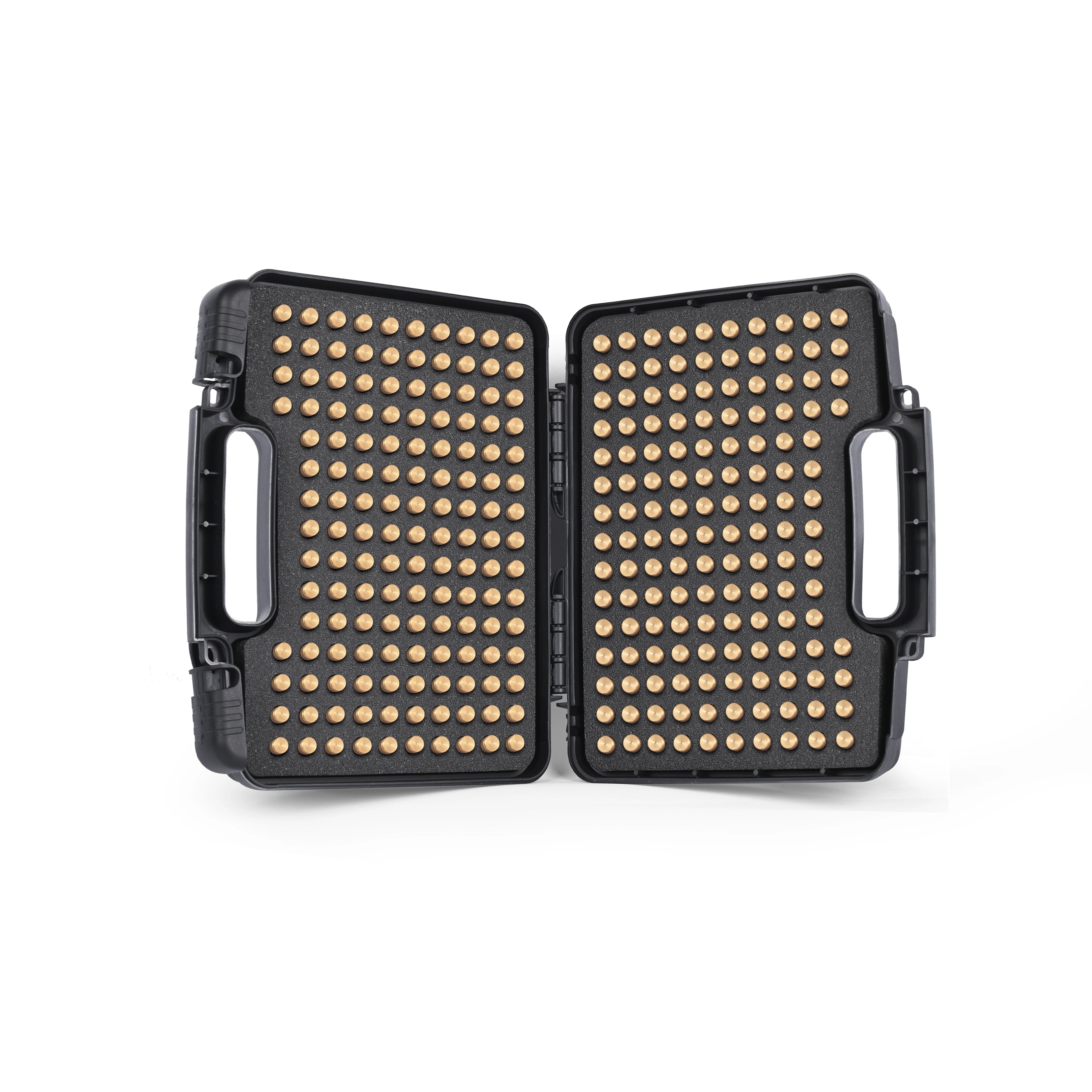 Full interior view of the 10mm waterproof ammo storage case displaying dual-sided foam cushioning.