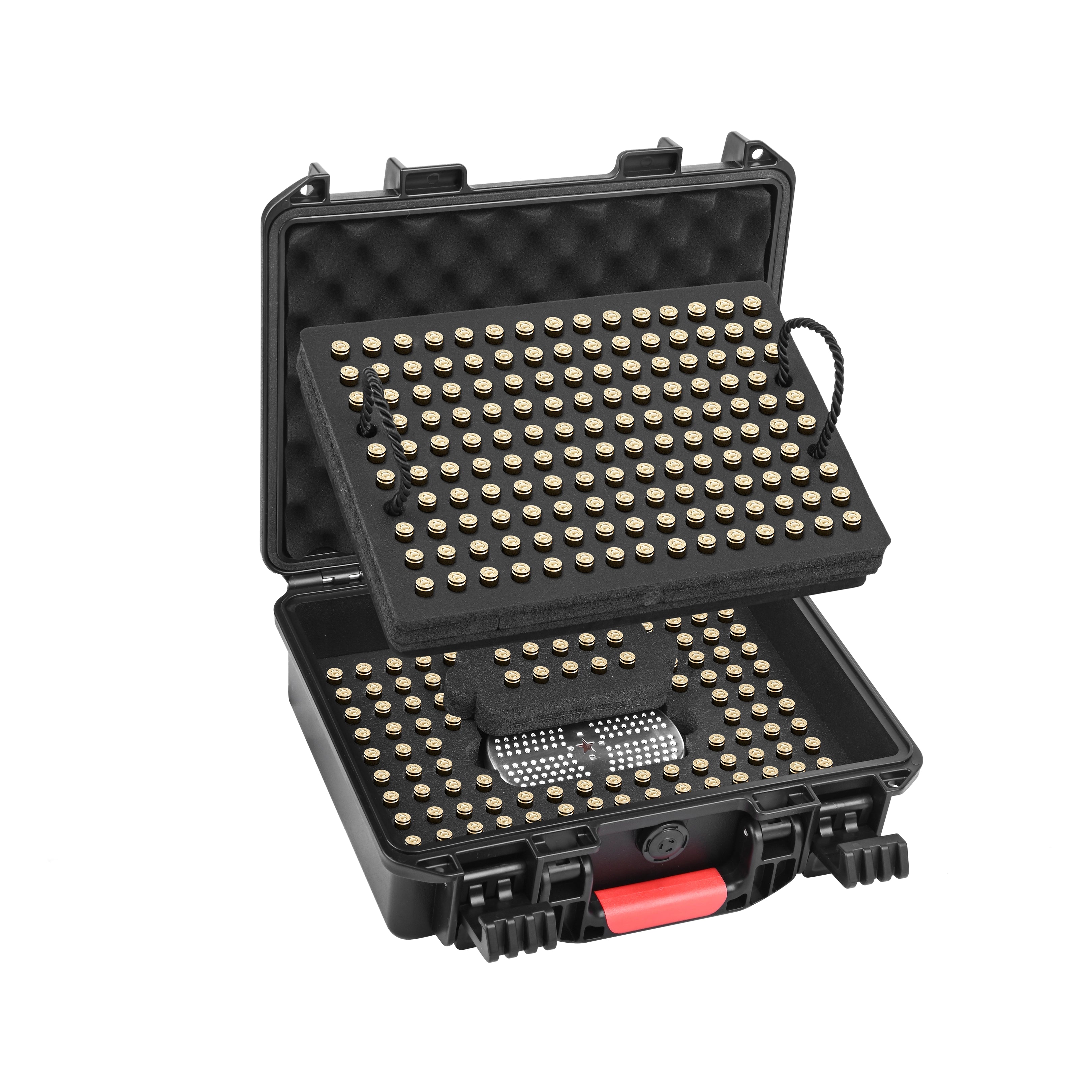 11-inch waterproof ammo case open showing double-layer premium foam liner and desiccant for 40 S&W rounds.