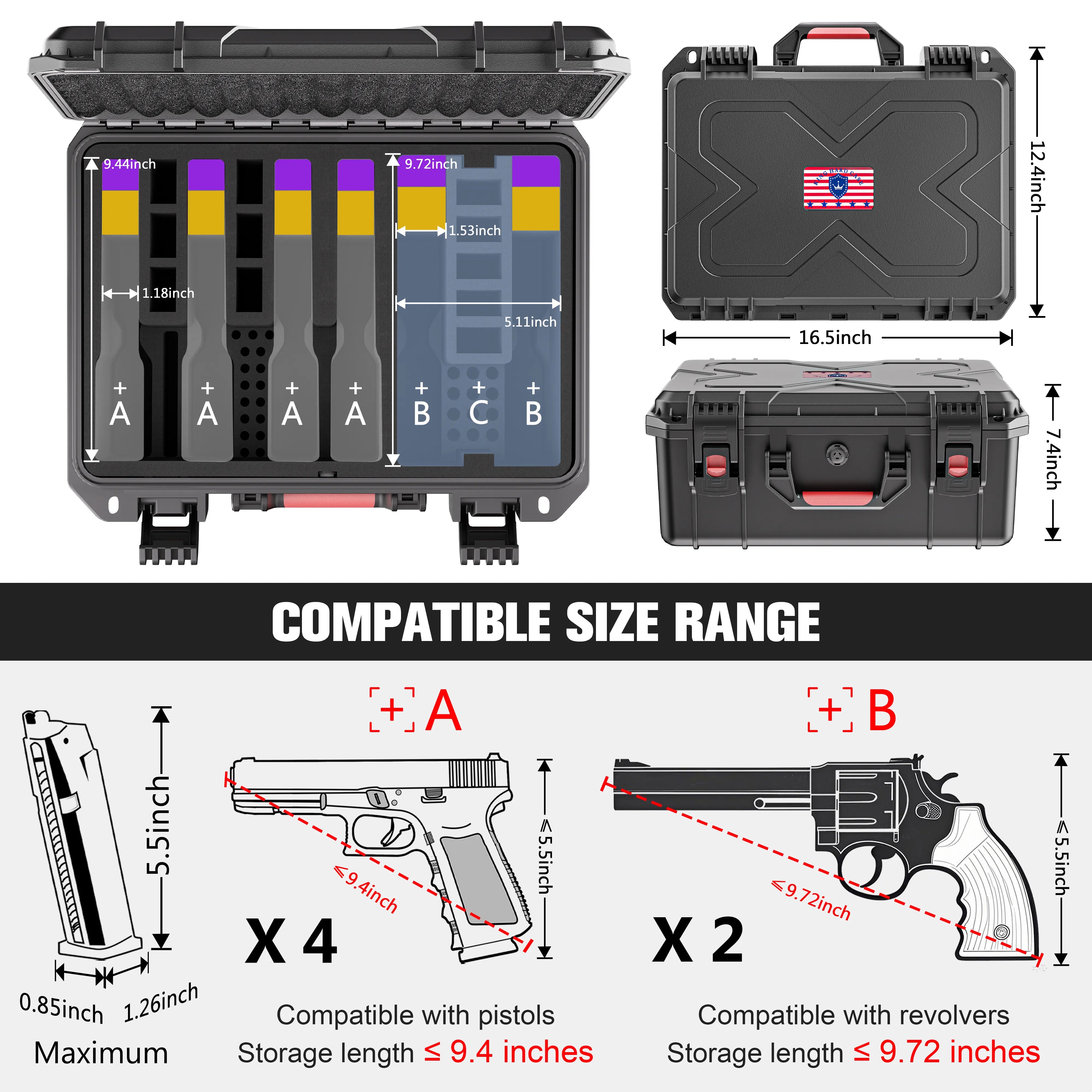 Compatible size range guide for the 16-inch pre-cut pistol case, detailing maximum length requirements for handguns and revolvers.