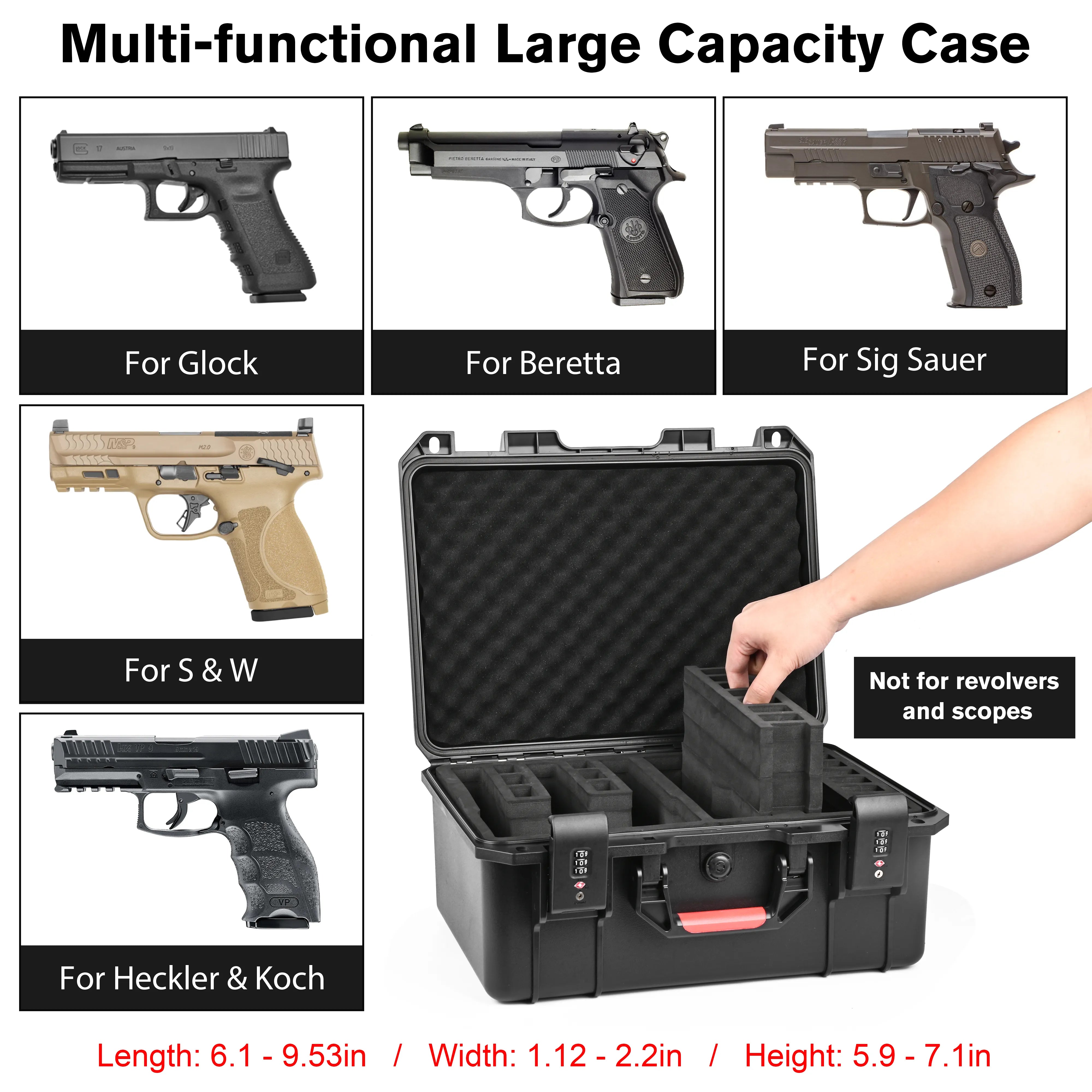 16" 5 Pistol Case & 21 Magazines– Pre-Cut Muti-Storage Case With TSA Lock