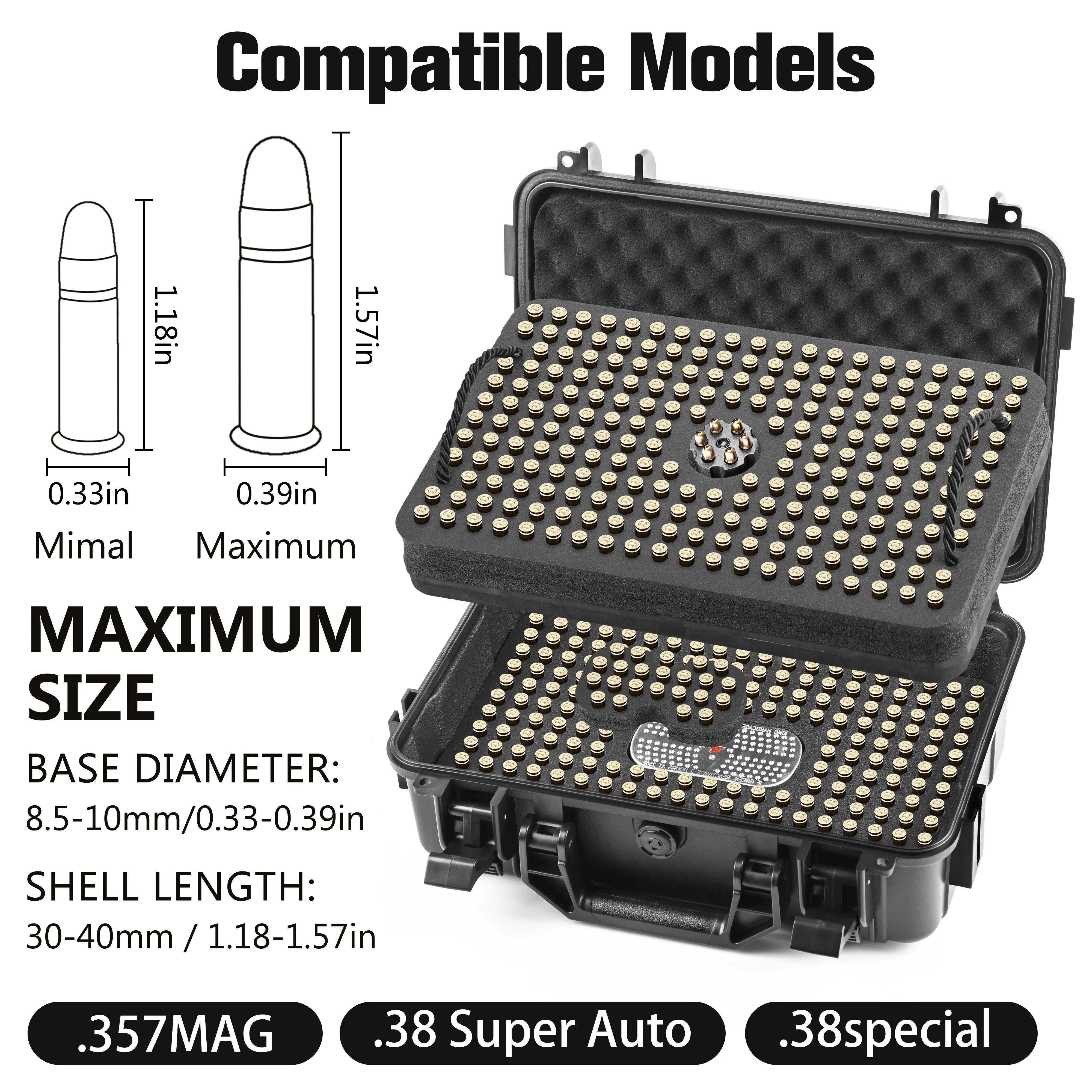 Compatible models guide for the 454-round ammo case, including shell lengths for .380 Special, .357 Mag, and .38 Super Auto.