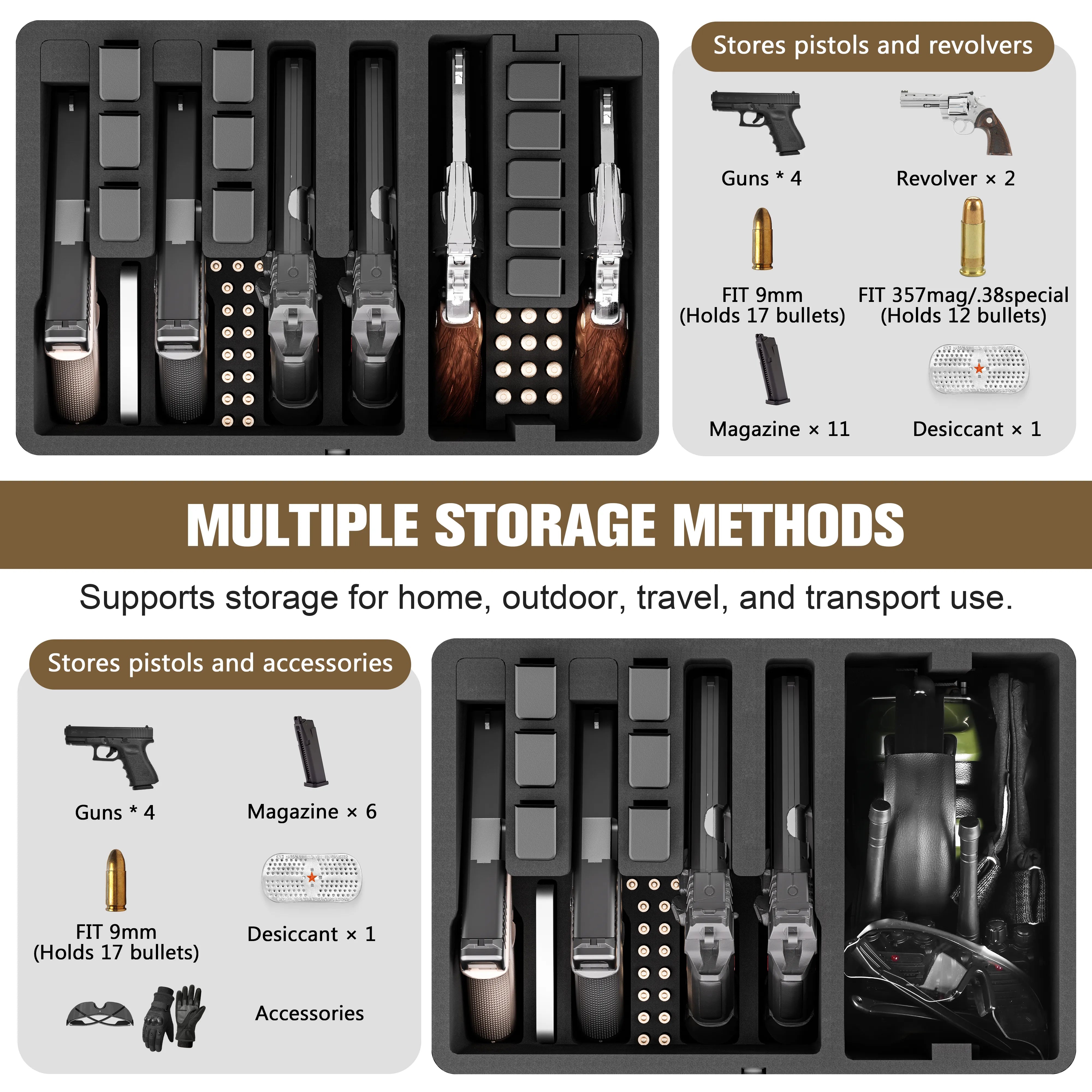 Diagram illustrating multiple storage methods, highlighting the removable DIY module for accessories like noise-canceling headphones, goggles, and loaders.