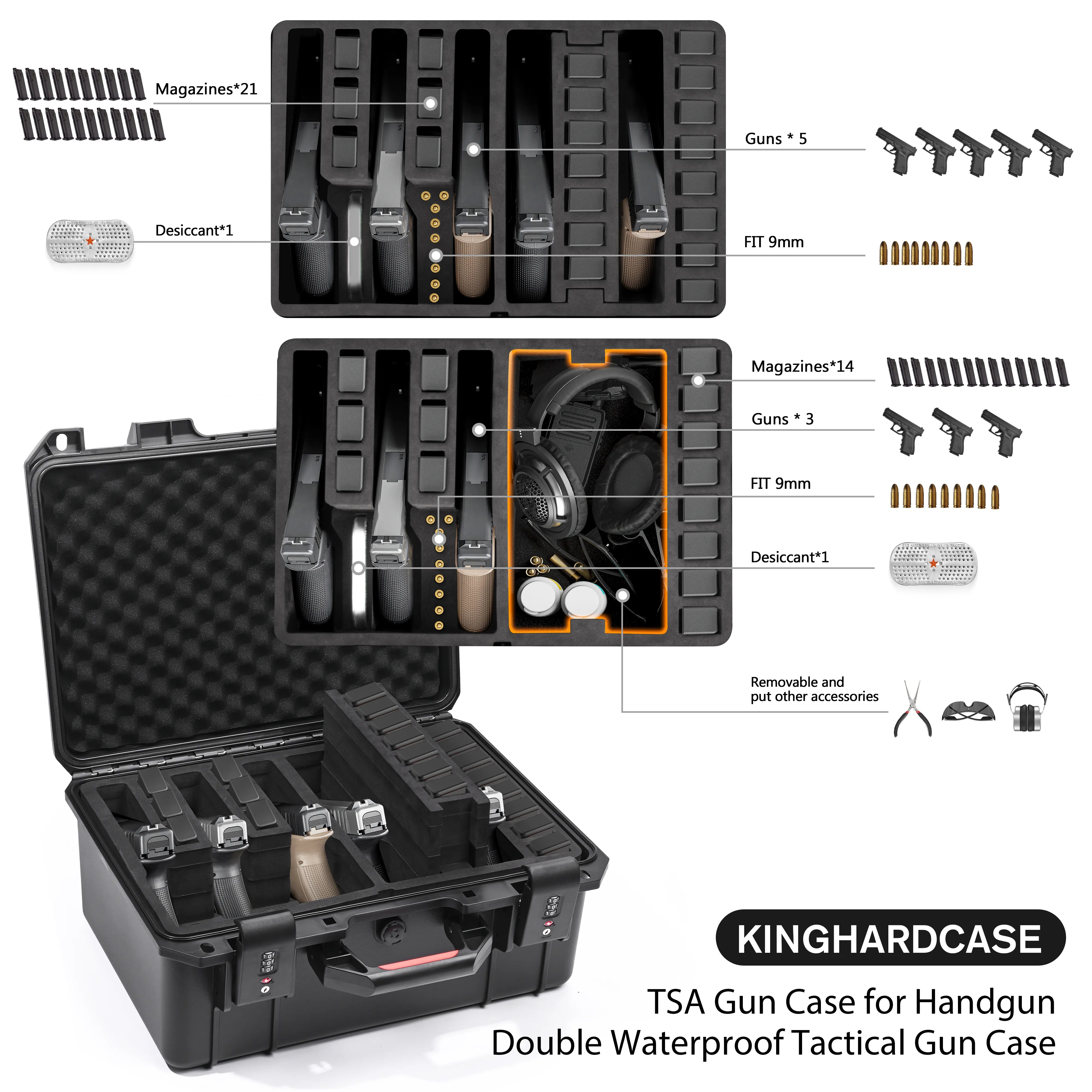 16" 5 Pistol Case & 21 Magazines– Pre-Cut Muti-Storage Case With TSA Lock