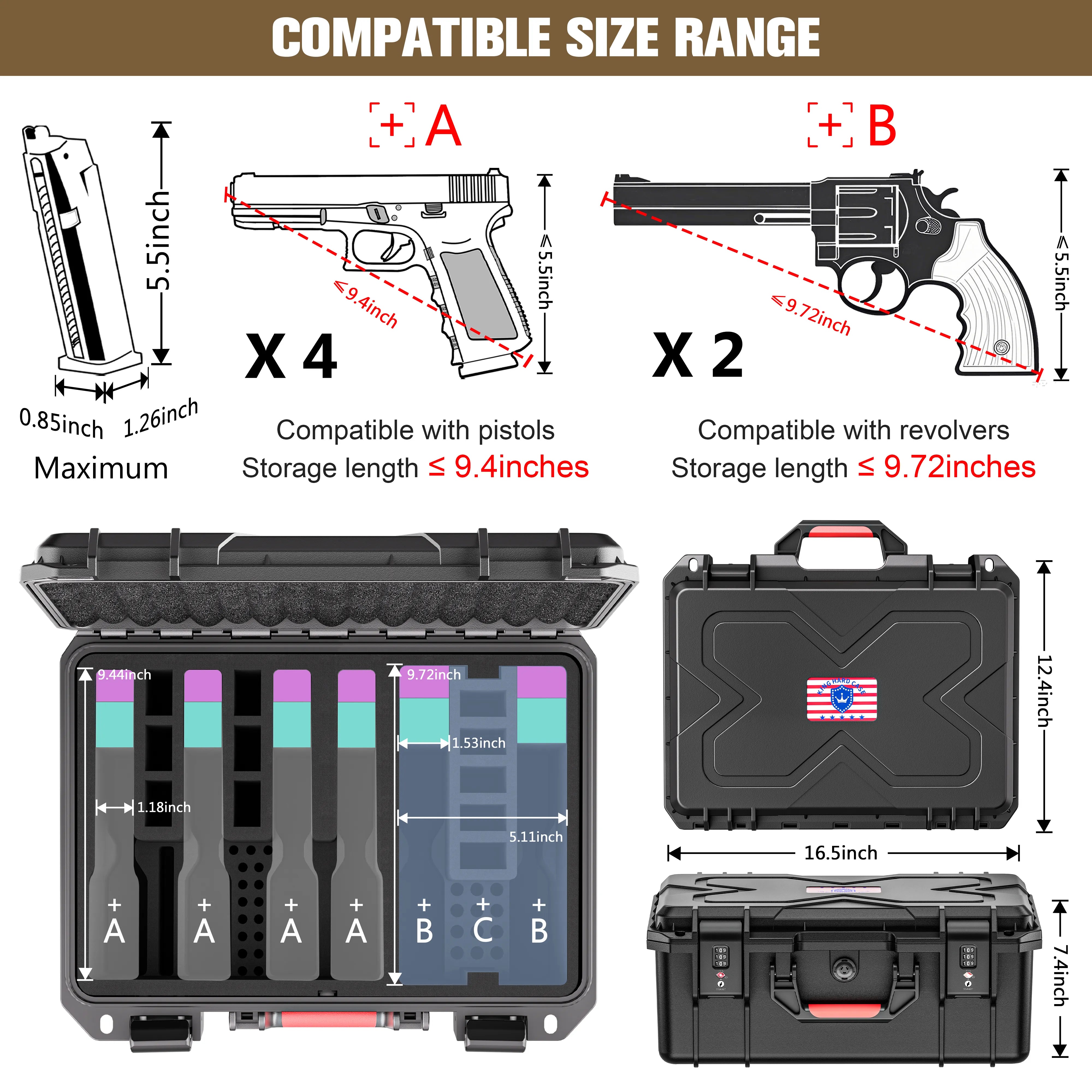 Compatible size range guide for the 16-inch gun case, detailing maximum length requirements for pistols and revolvers.