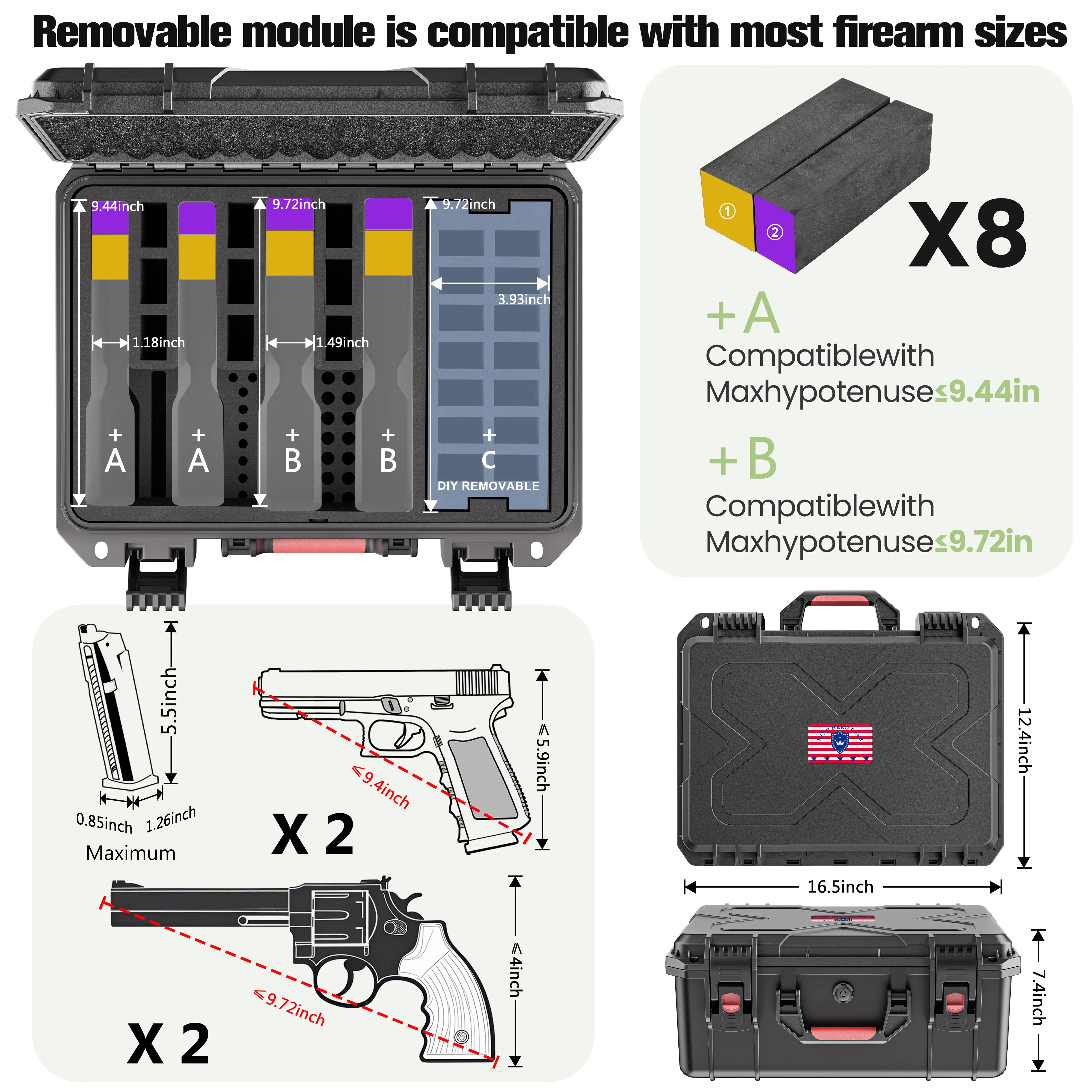 Compatible size range guide for the 16-inch pre-cut pistol case, detailing maximum length requirements for handguns and revolvers to ensure a perfect fit.