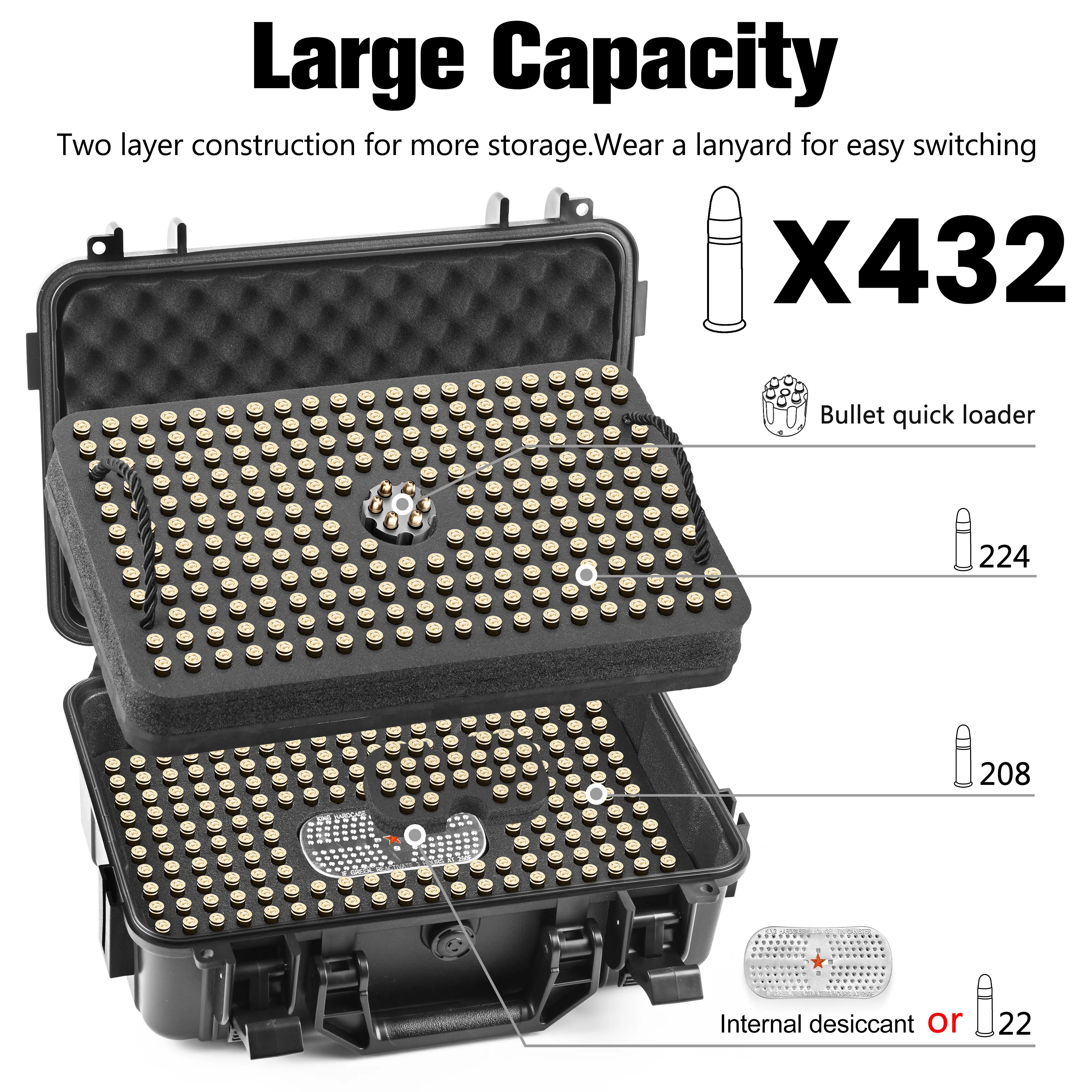 Exploded view illustrating the large capacity, double-layer storage design of the wear-resistant 380 Special ammunition case.