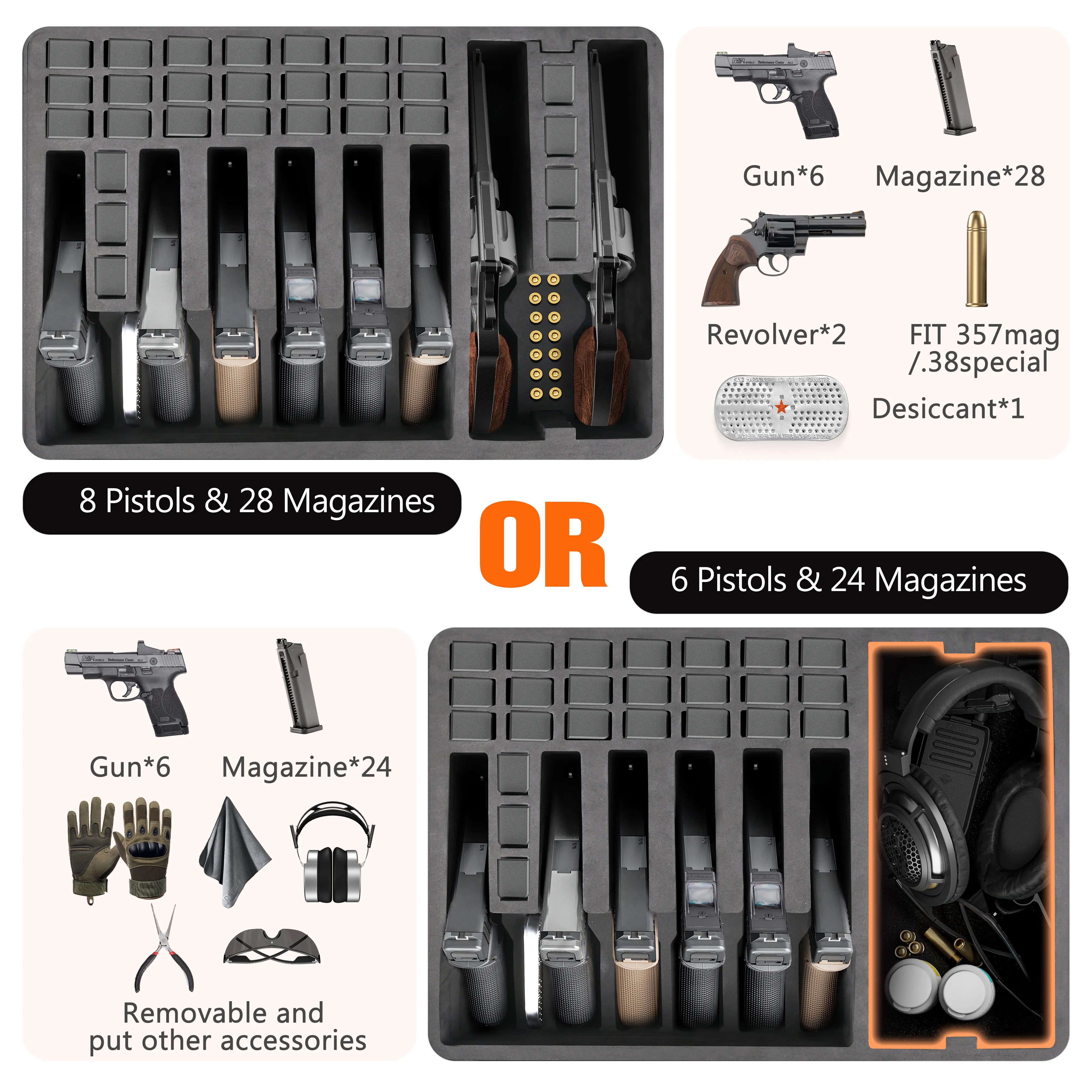Diagram illustrating versatile storage methods within the 21-inch case, easily accommodating 8 pistols, 28 magazines, or other shooting accessories.