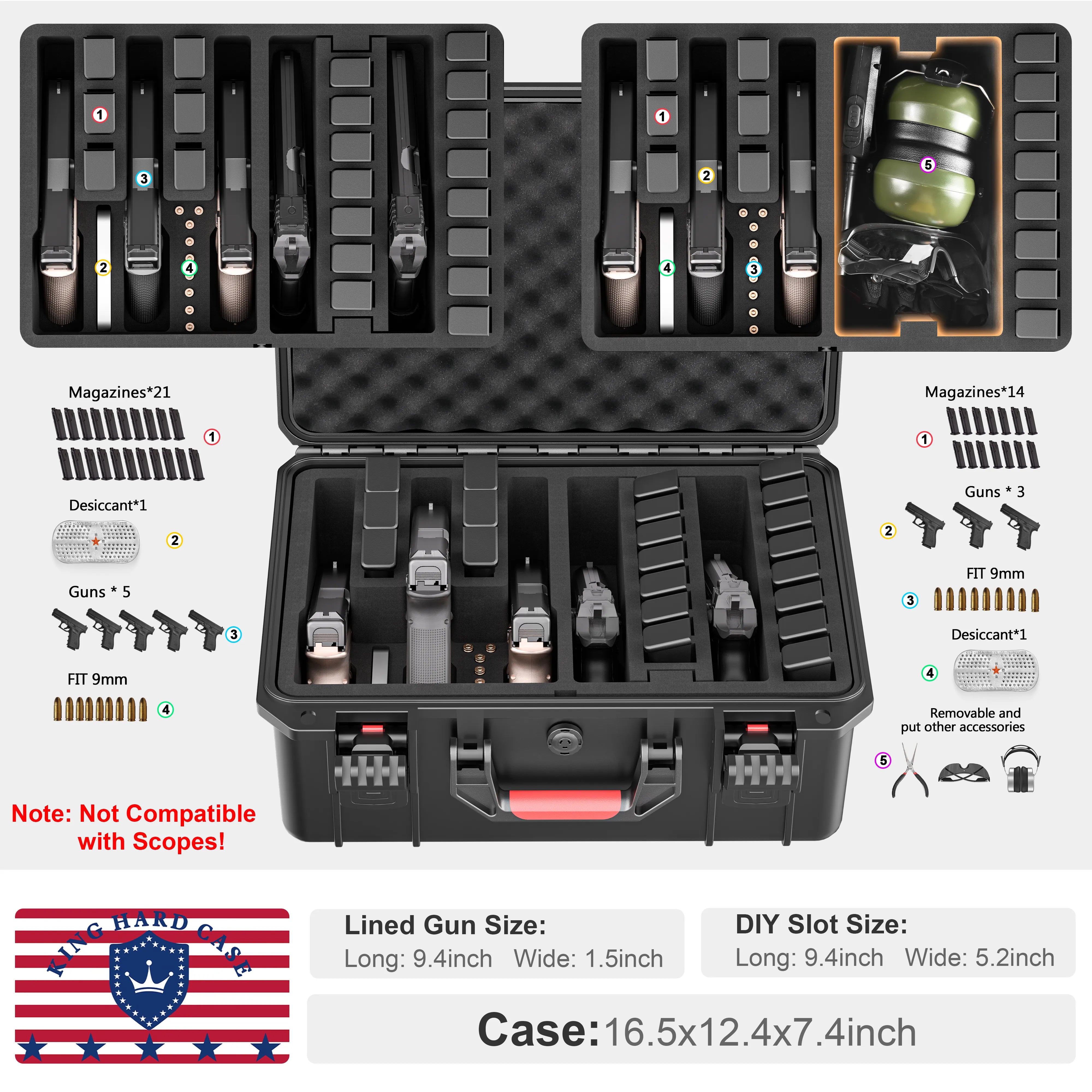 Modular layout of the 5 pistol case showing removable DIY foam for storing range accessories like earmuffs and goggles.
