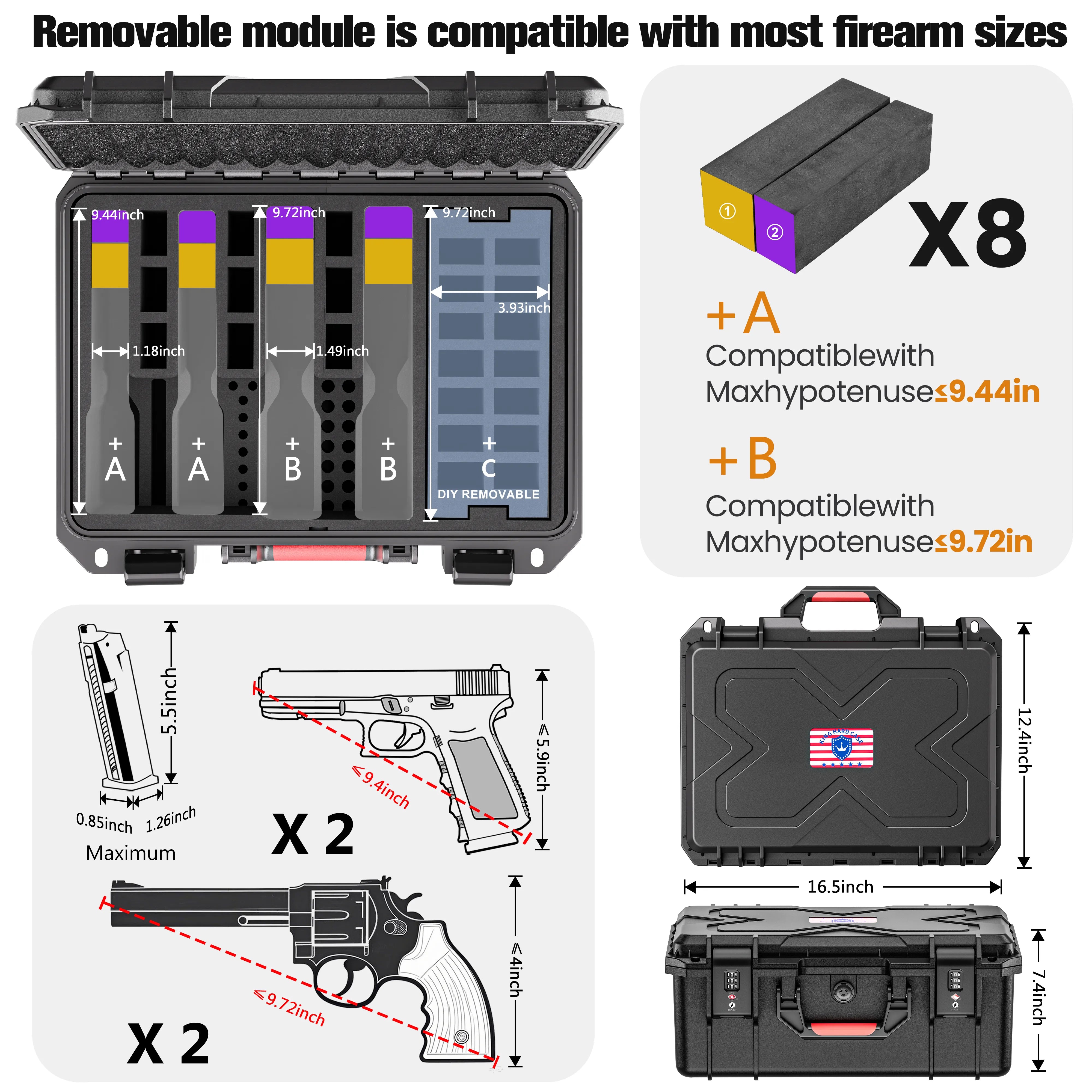 Compatible size range guide for the 16-inch pre-cut pistol case, detailing maximum length requirements for handguns to ensure a perfect fit.
