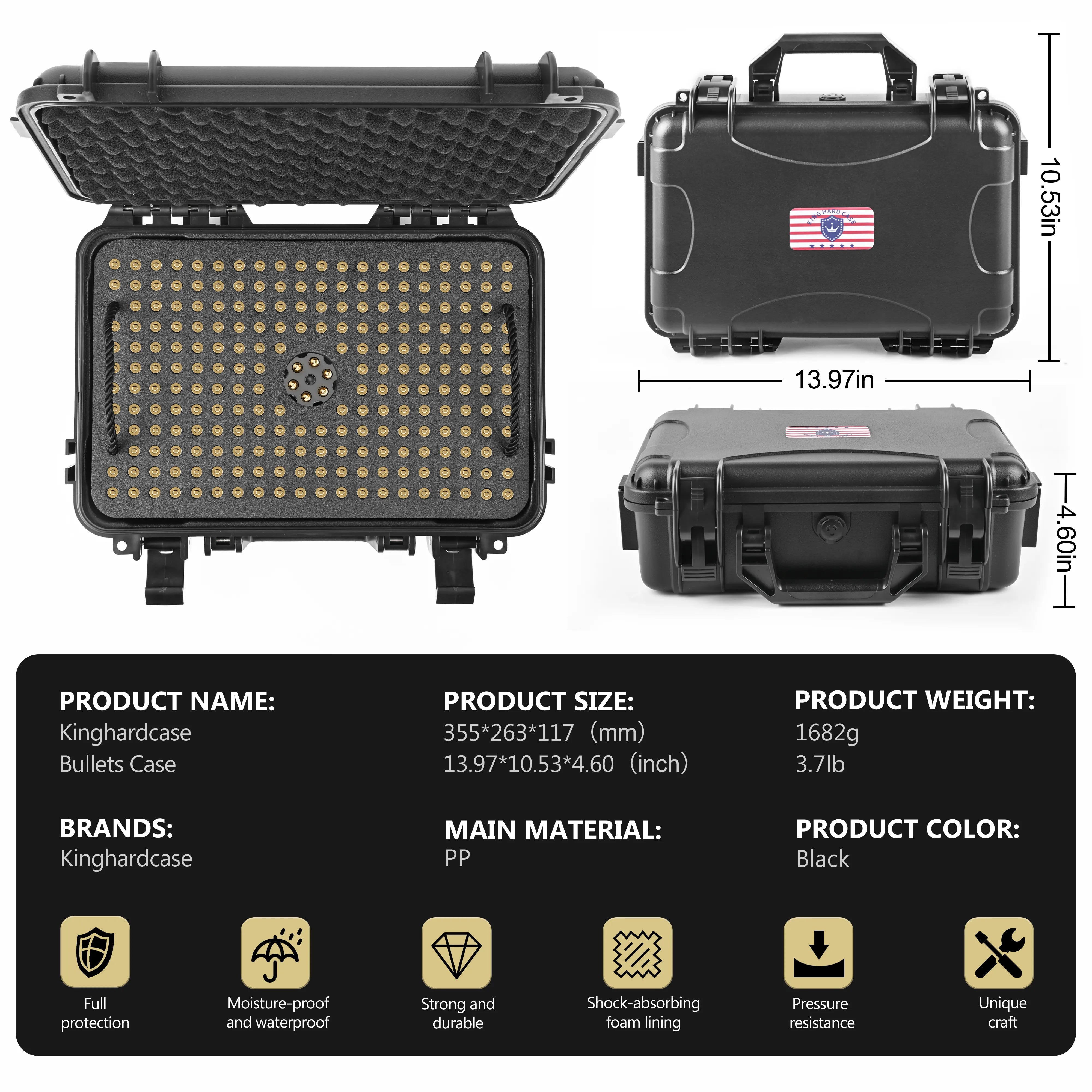 Exterior dimensions and core specifications of the 13-inch hard shell ammo storage box.