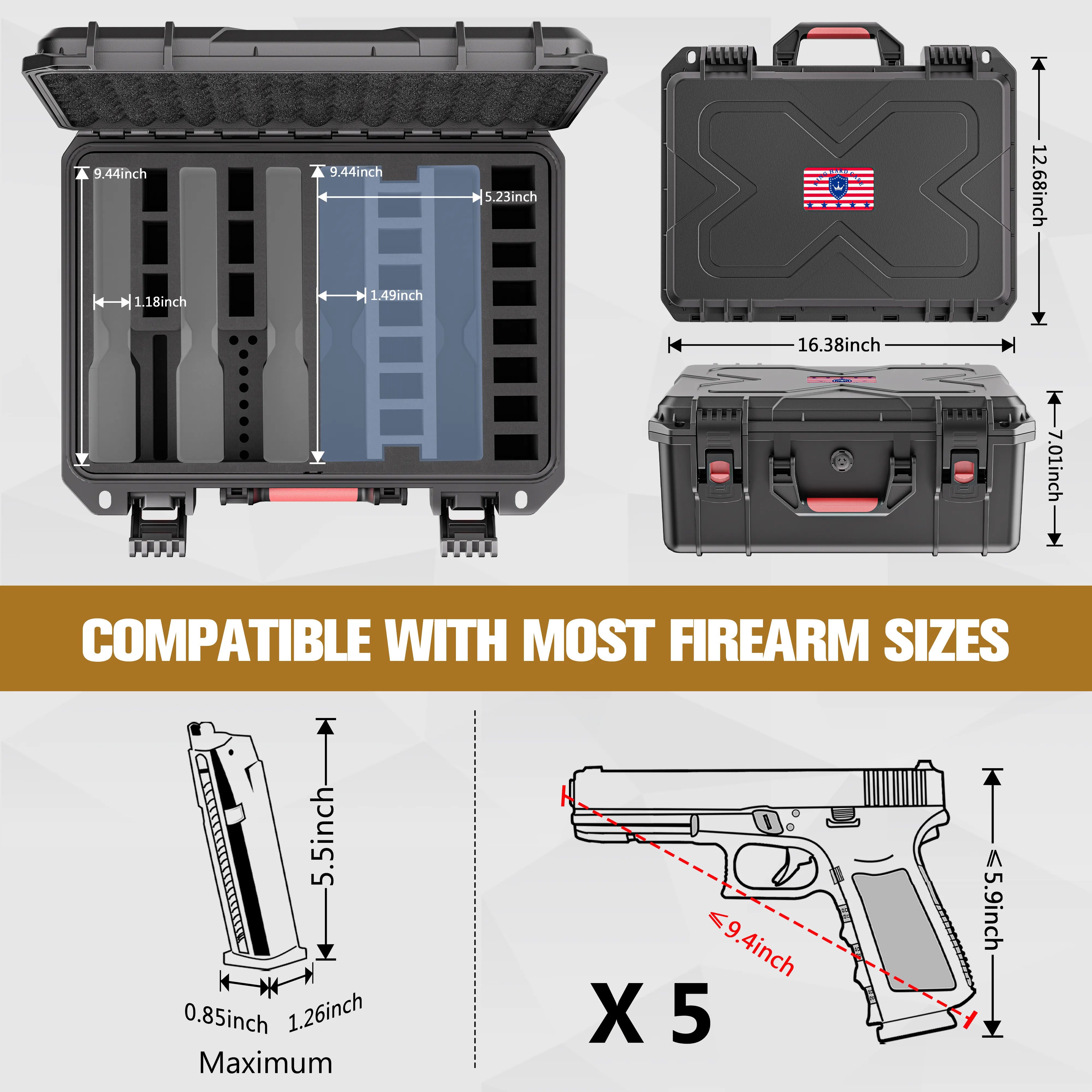 Handgun compatibility guide for the 16 inch pre-cut storage case, fitting most standard firearm sizes.