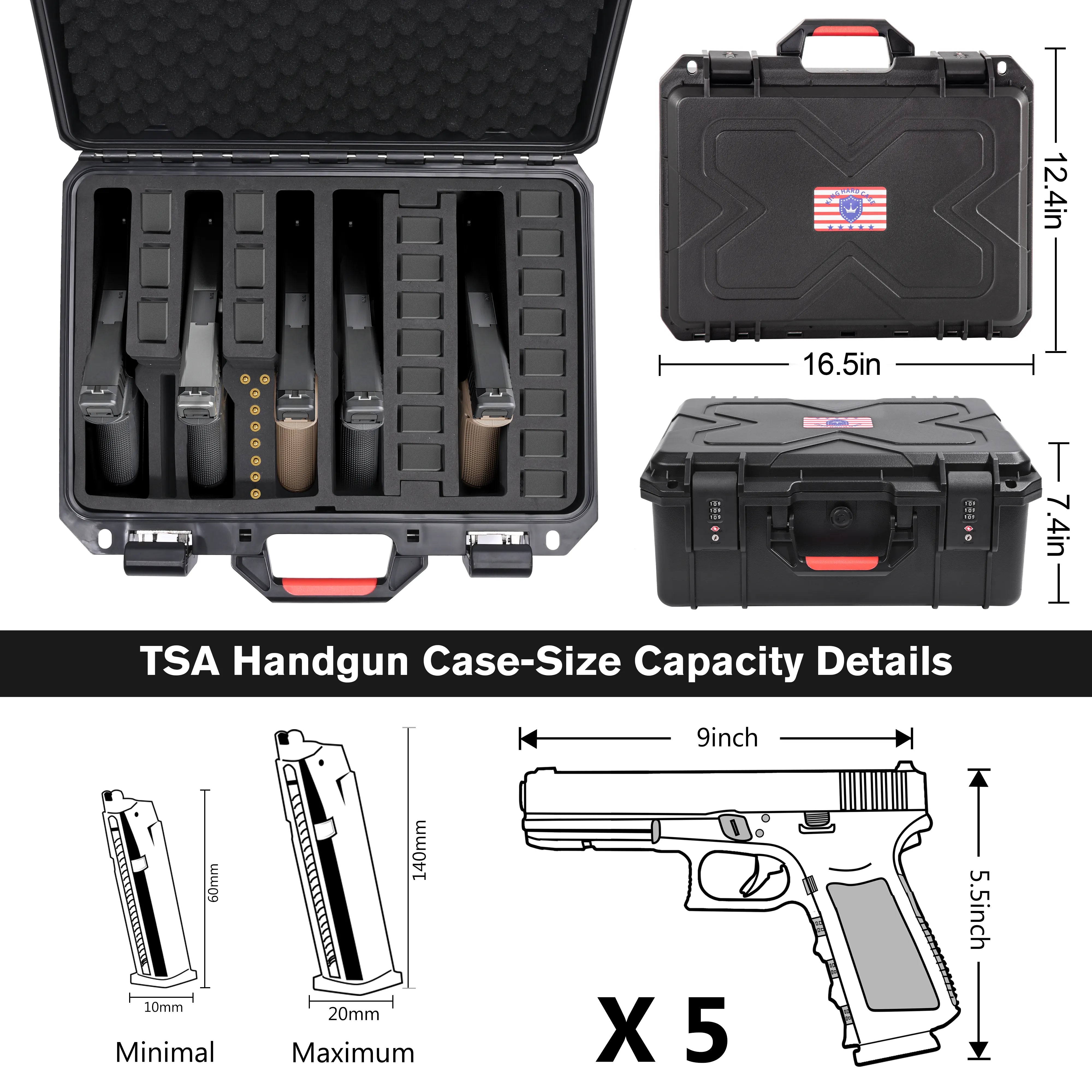 16" 5 Pistol Case & 21 Magazines– Pre-Cut Muti-Storage Case With TSA Lock