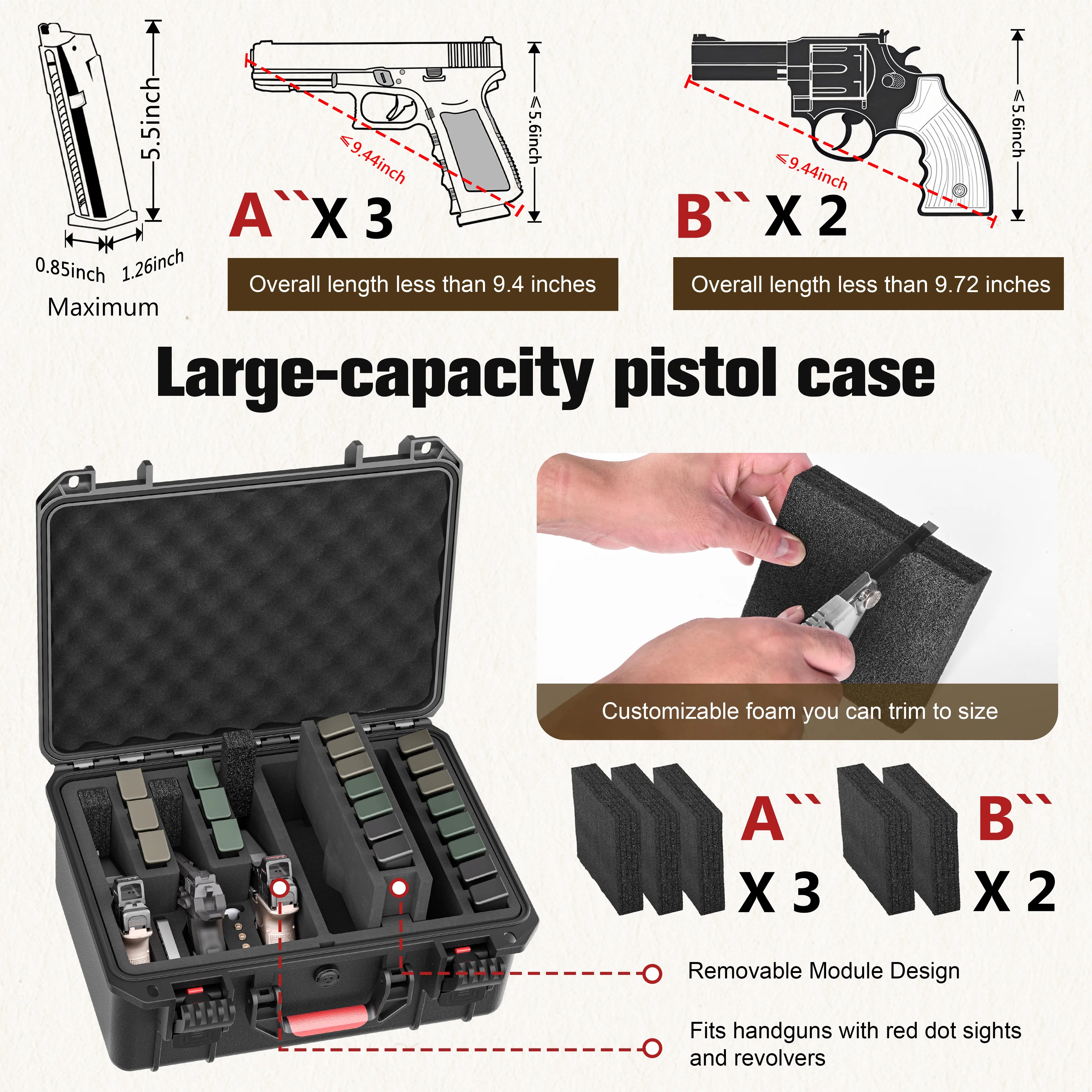 16" 5 Pistol Case & 21 Magazines– Pre-Cut Combo Case