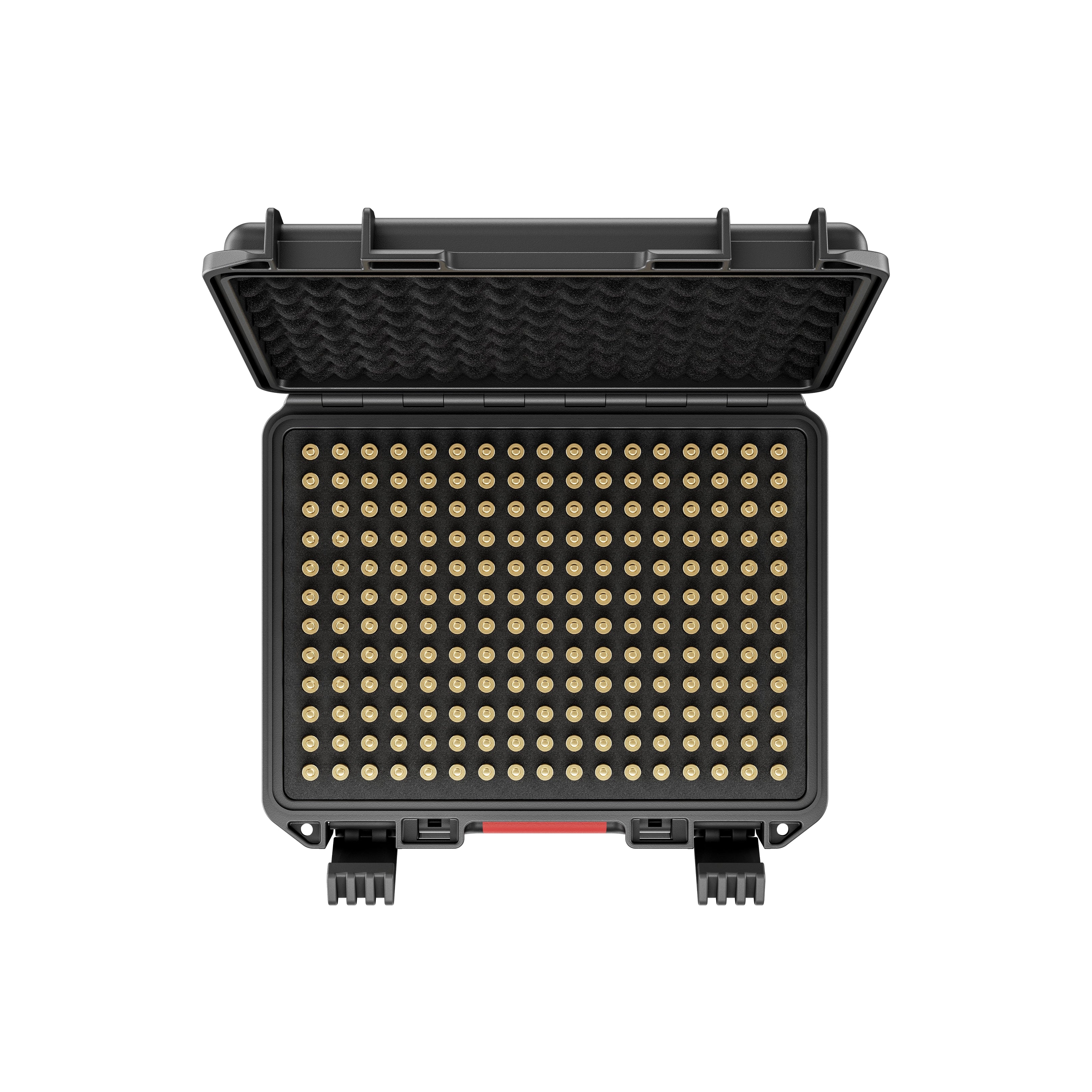 Top interior view of the 5.56 waterproof ammo storage case displaying premium foam cushioning designed for secure 200-round rifle bullet storage.