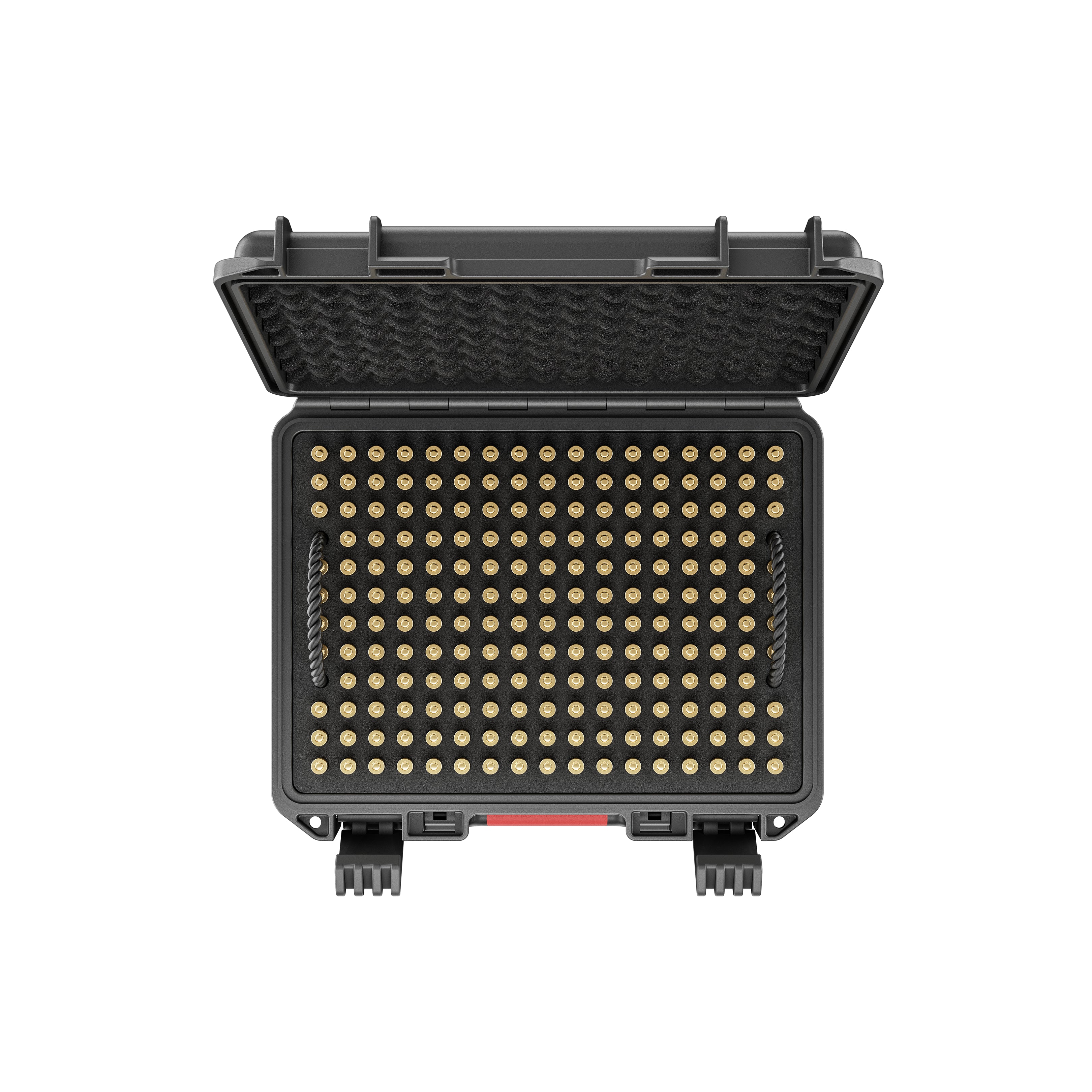 Top interior view of the 9mm bullet storage case displaying premium foam cushioning for secure organization.