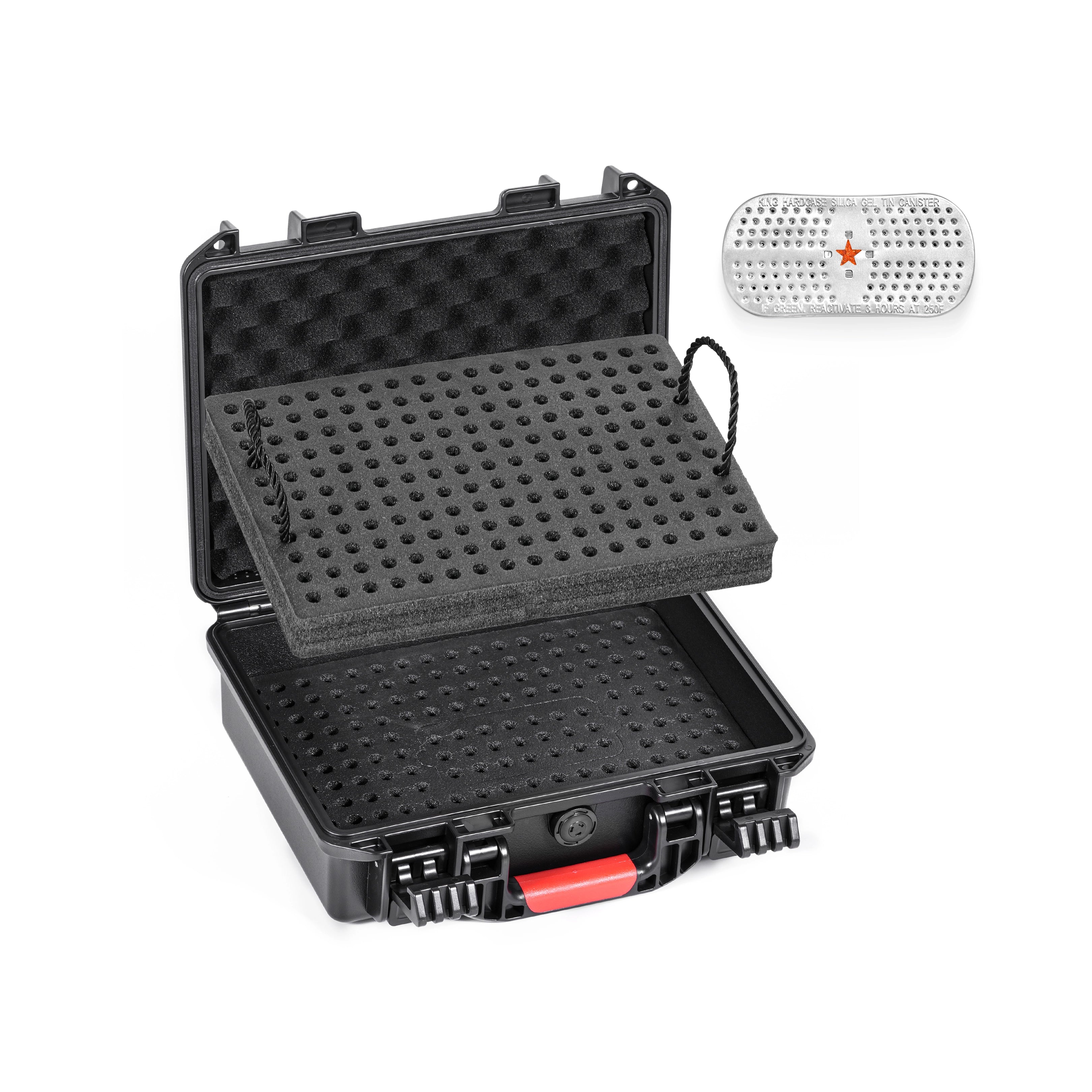 Moisture-proof ammo case showing the included desiccant equipped to keep 350 rounds of 9mm bullets dry.