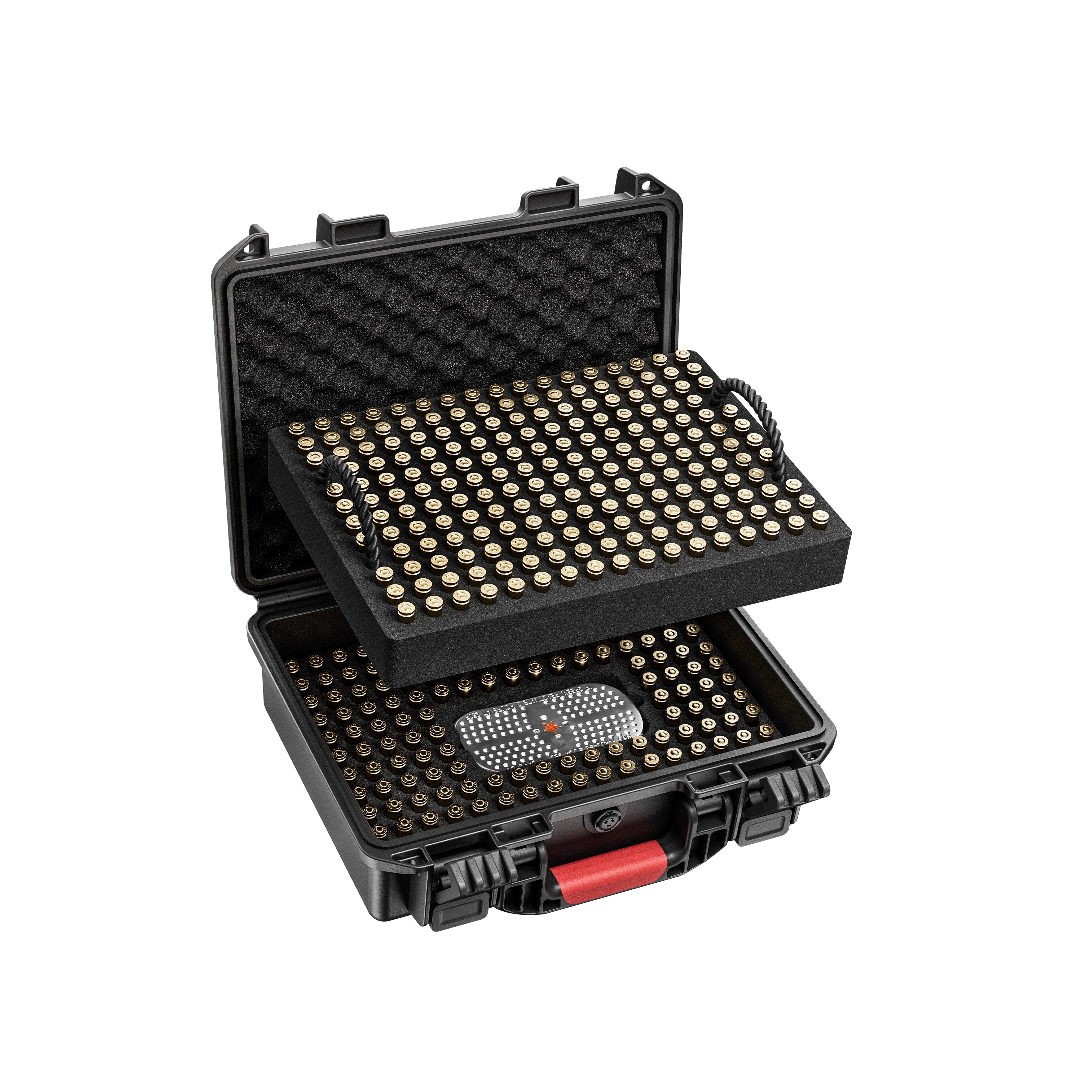 11-inch black waterproof ammo box open, showing double-layer foam liner designed for 350 rounds of 9mm, featuring an ergonomic red handle.