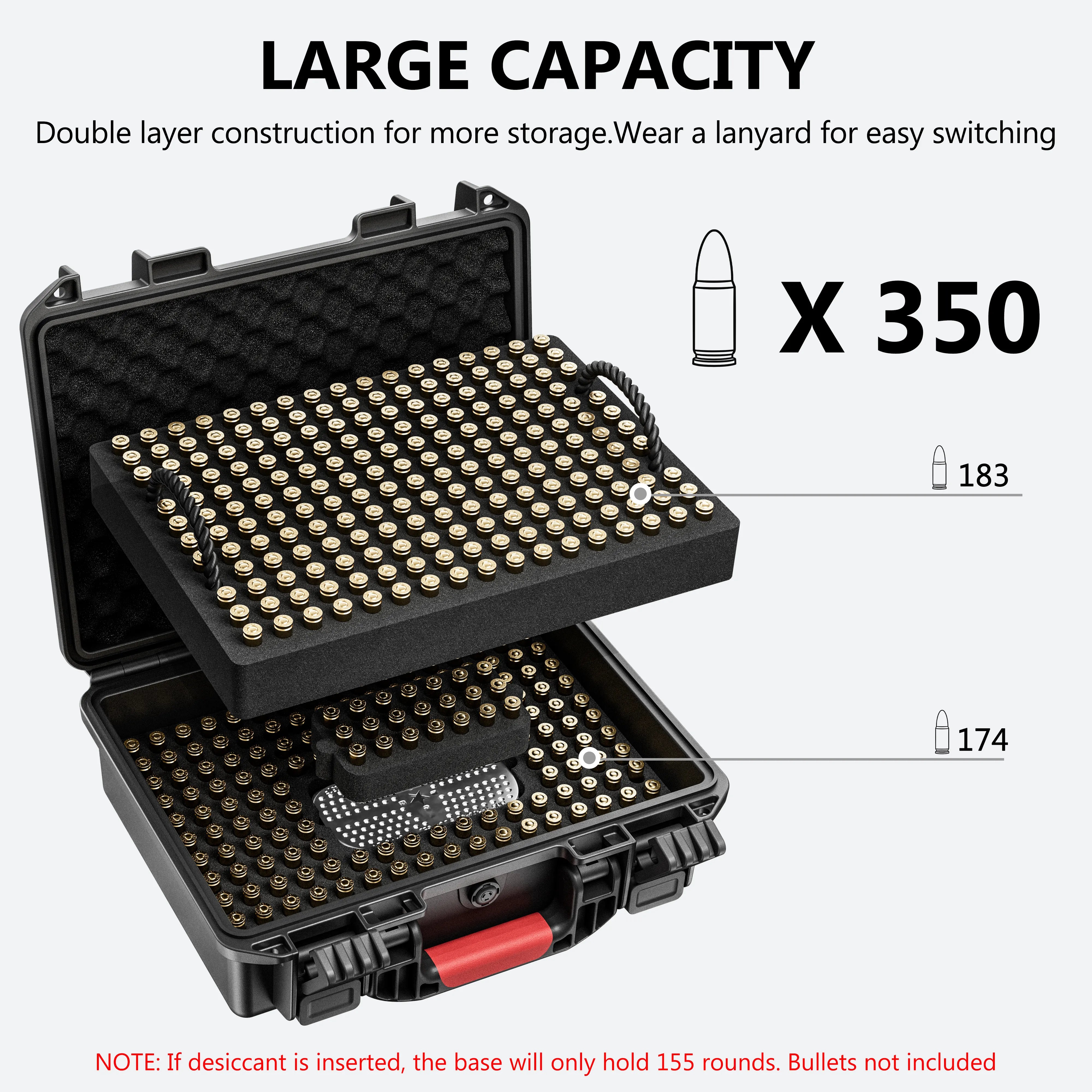 High capacity waterproof bullet case featuring a double-layer construction designed to hold 350 rounds of 9mm ammunition.