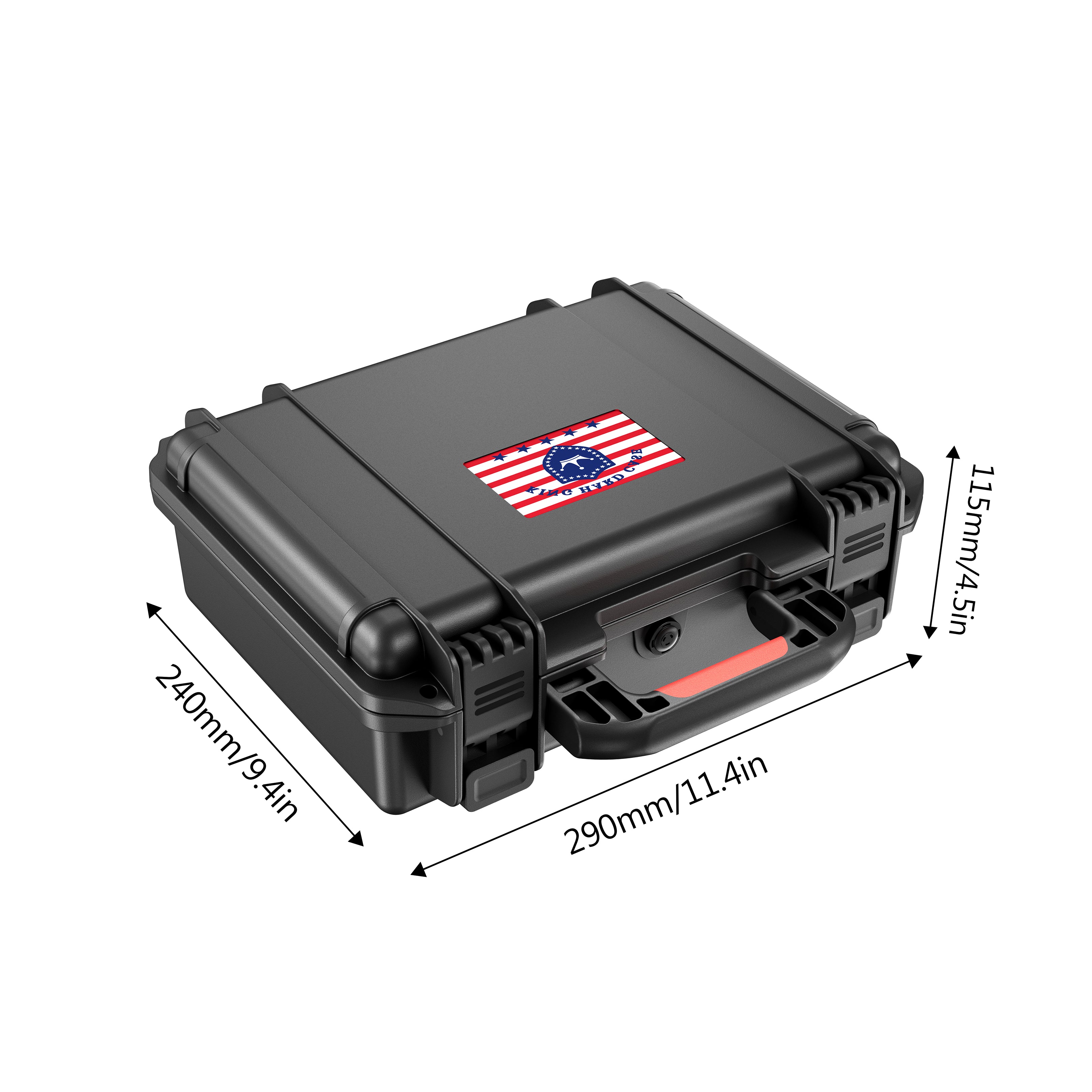 Exact dimensions of the IP67 11-inch 9mm ammo case equipped with an air pressure adjustment valve and red handle.