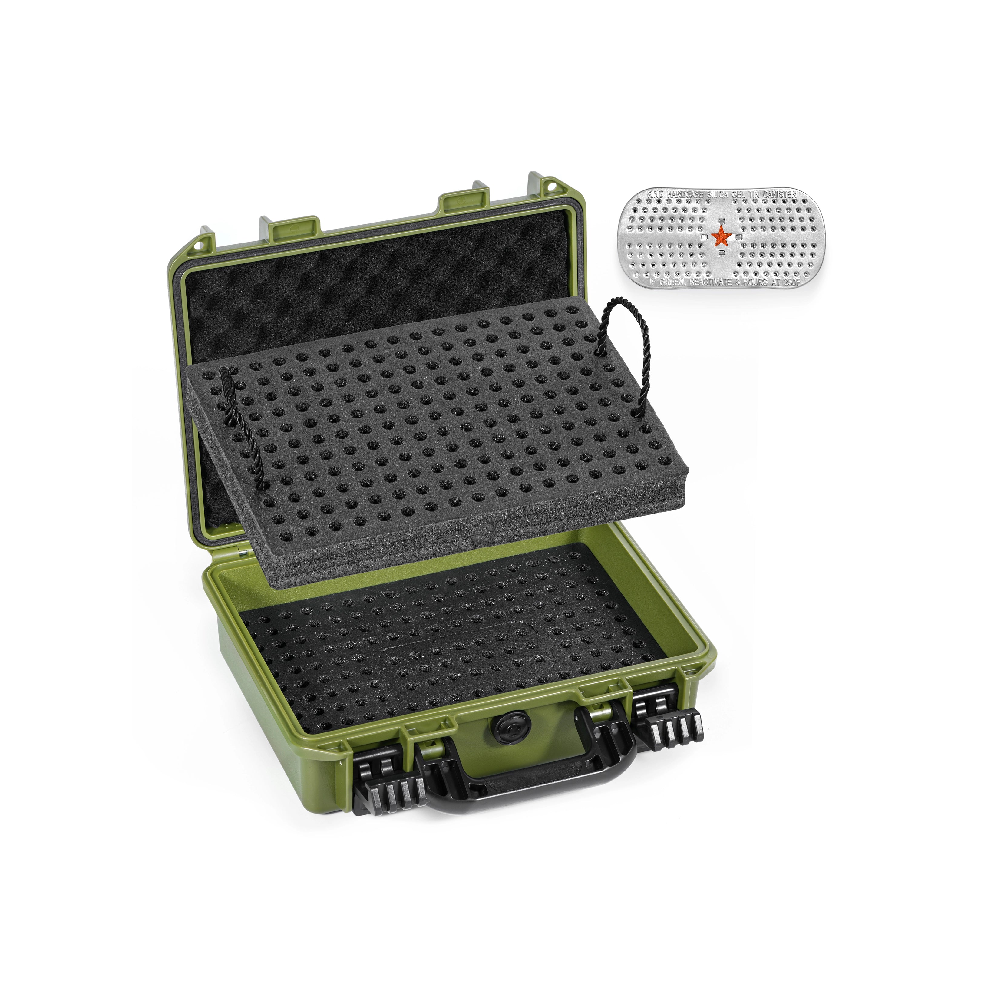 Moisture-proof waterproof ammo case showing the included desiccant equipped to keep 9mm bullets dry and prevent moisture damage.