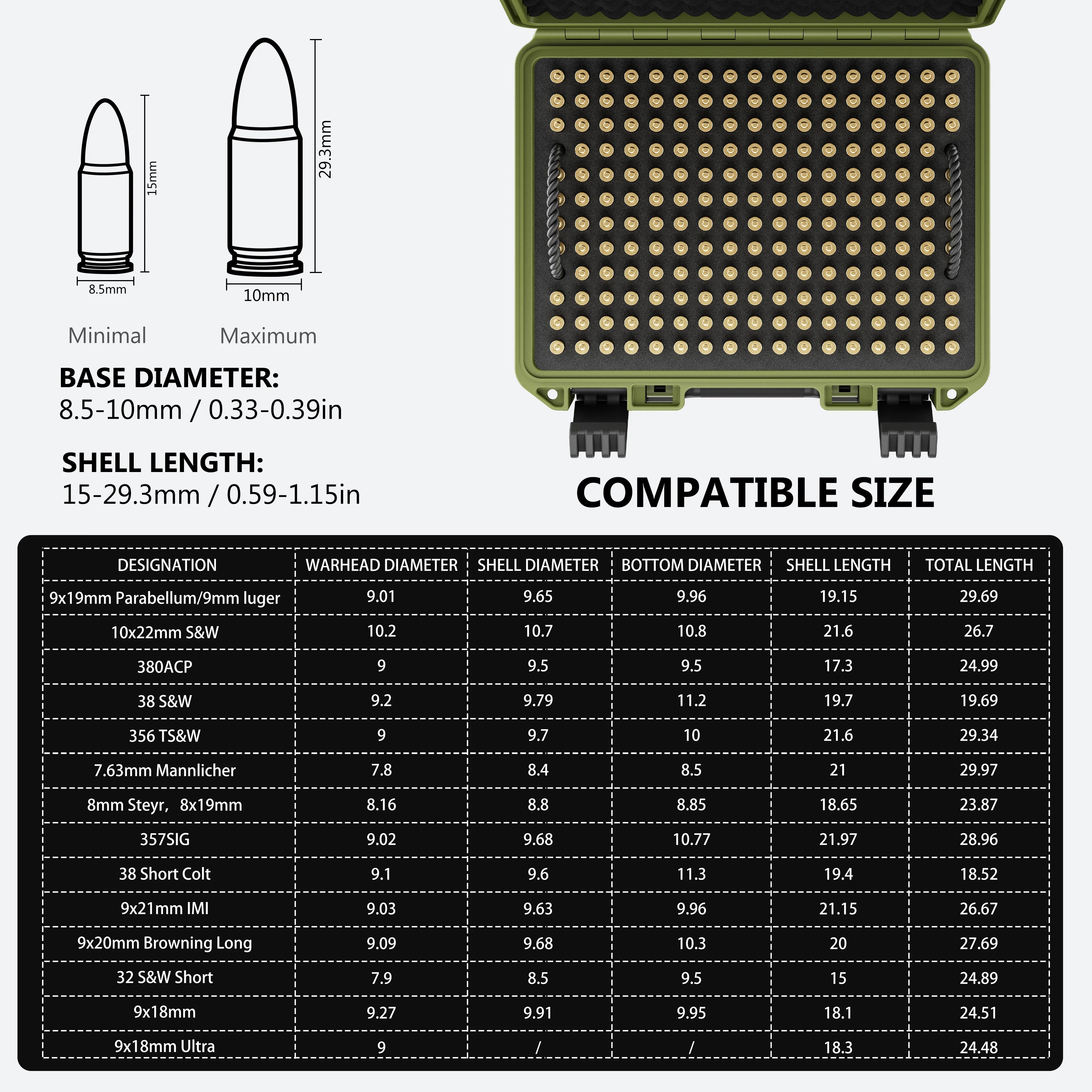 Bullet diameter and length compatibility chart for the 11-inch military green waterproof ammo case.