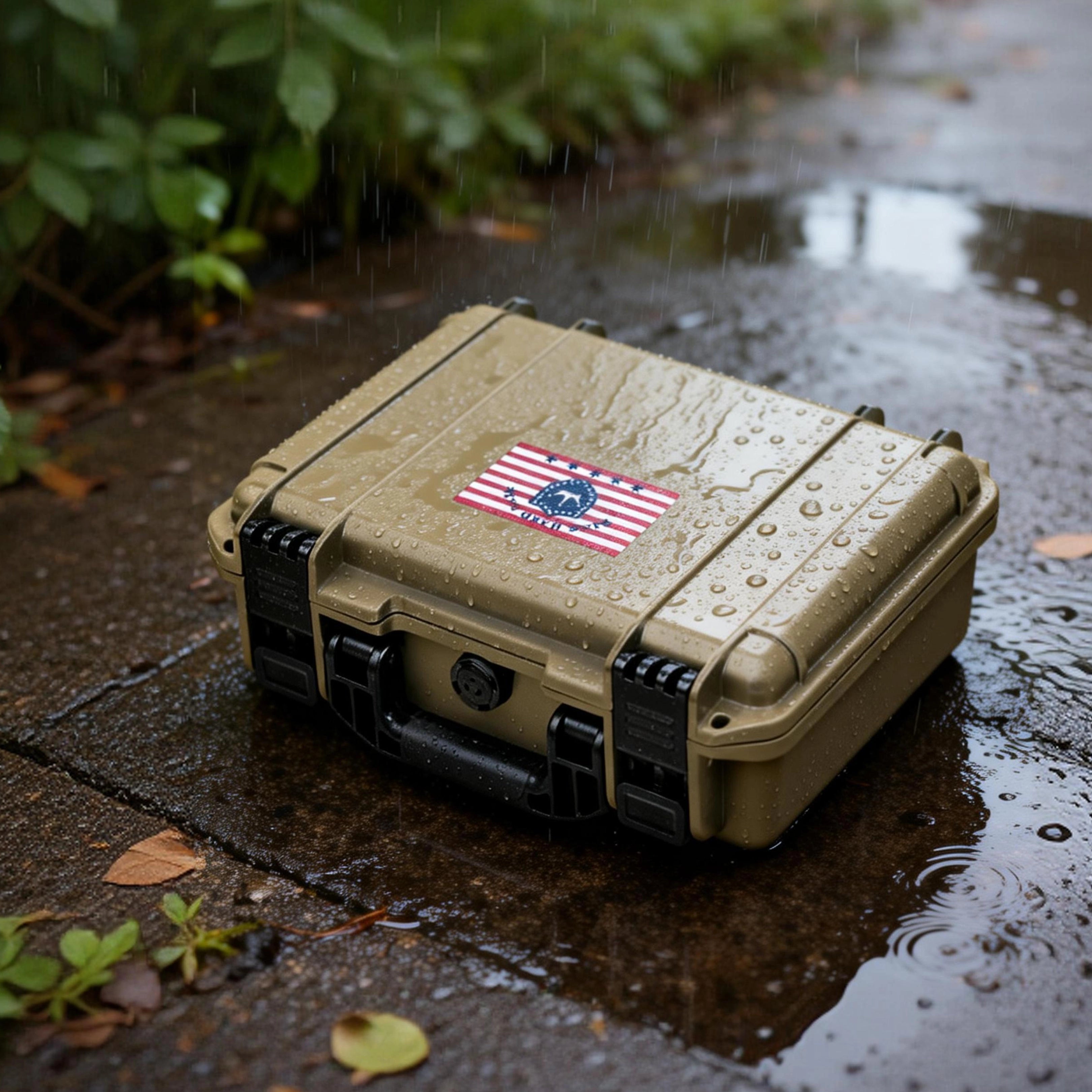 Khaki waterproof ammo case sitting on wet ground in the rain, demonstrating extreme IP67 water resistance and anti-collision design.