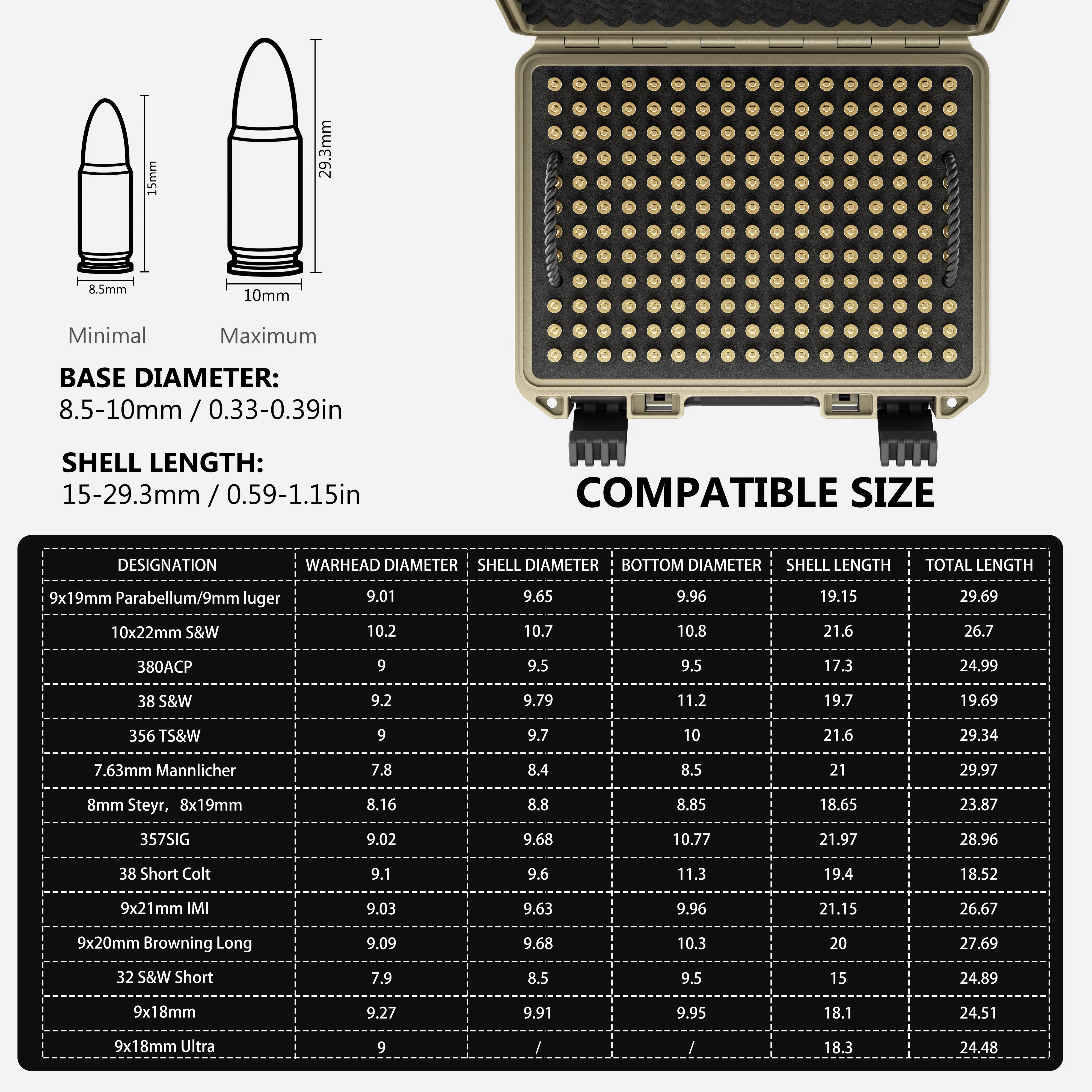 Bullet diameter and length compatibility chart for the 11-inch khaki waterproof ammo case holding 350 rounds.