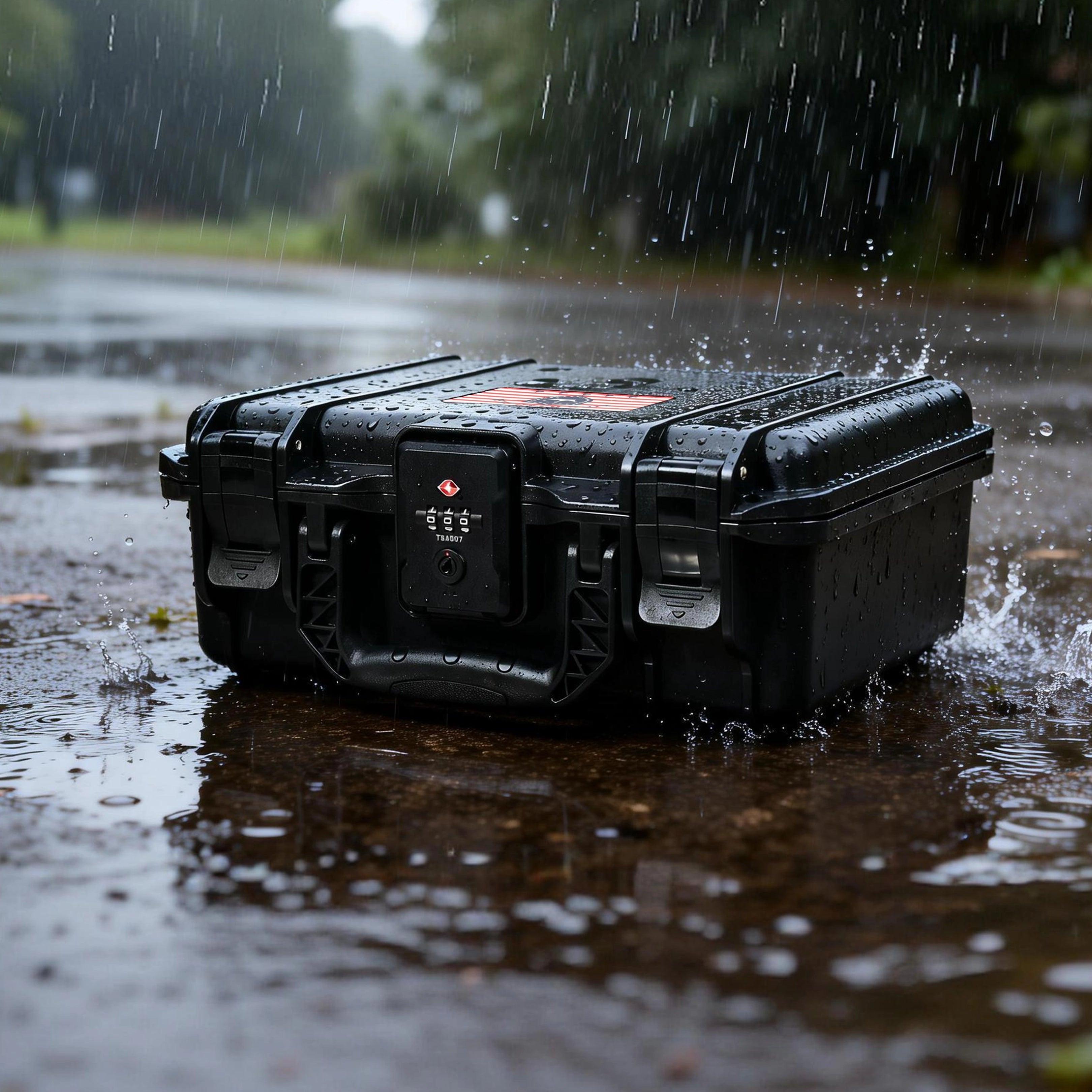 Rugged waterproof ammo case with IP67 rating sitting in the rain, highlighting extreme weather protection and durable rubber ring.
