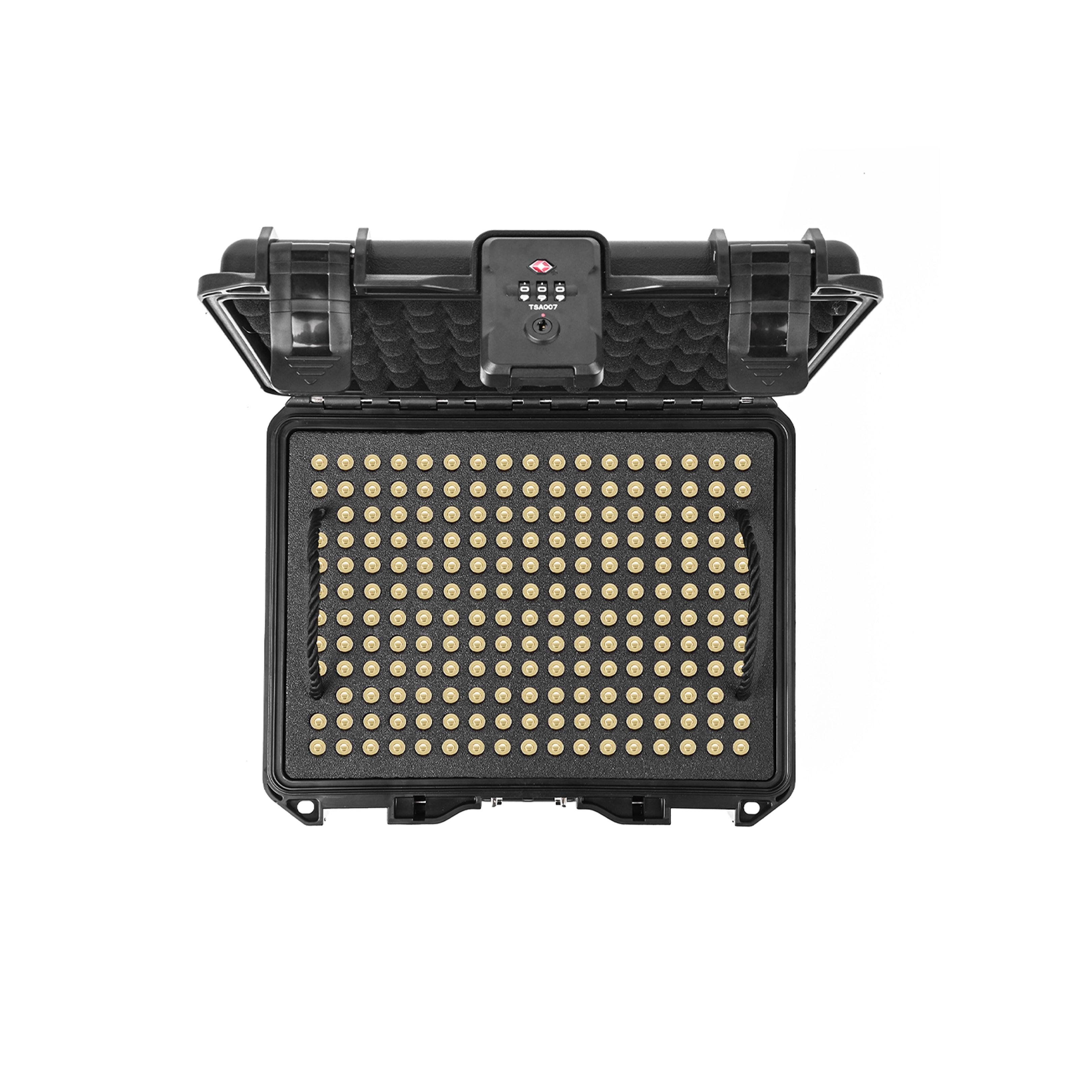 Top interior view of the 9mm waterproof ammo storage case displaying high-capacity foam cushioning.