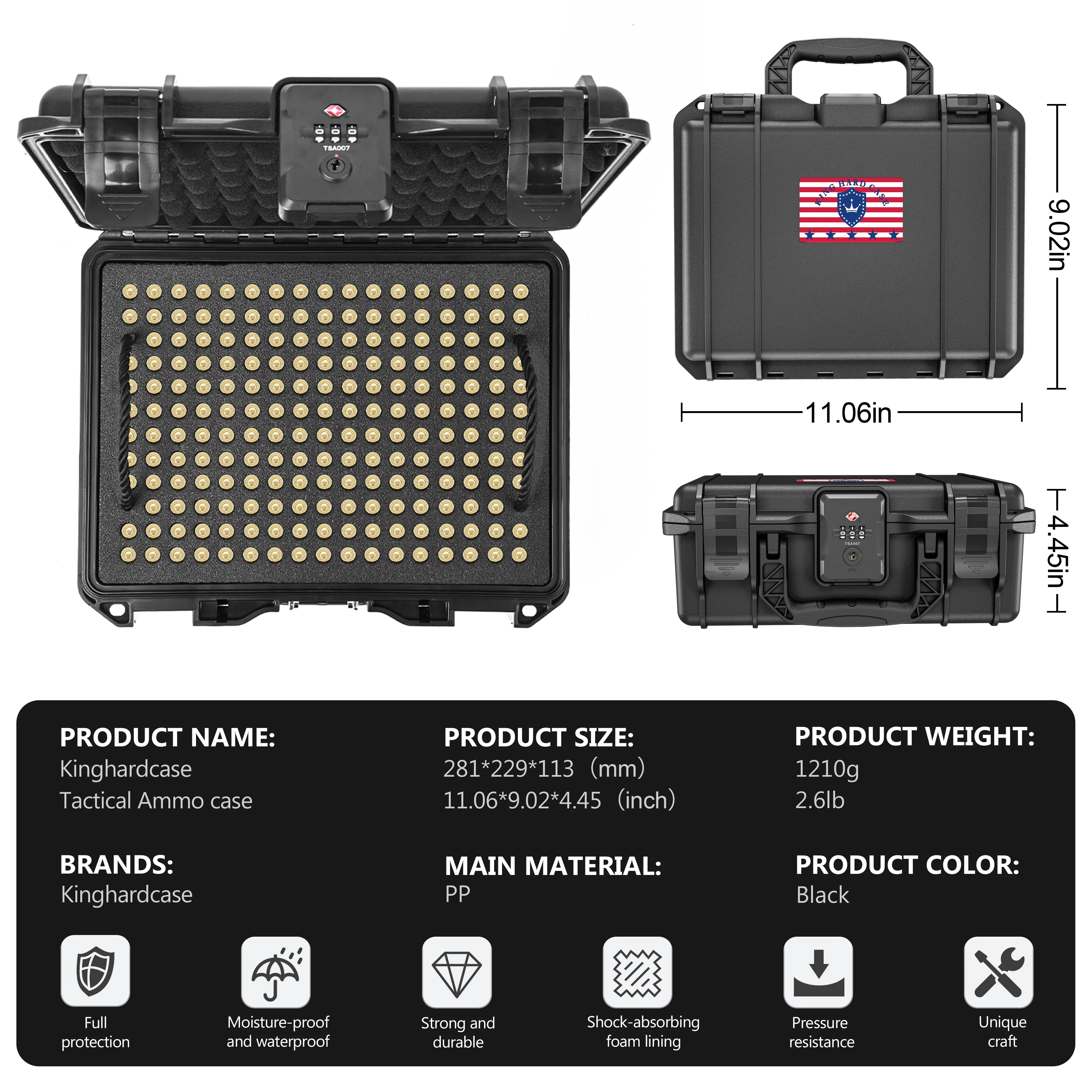 Detailed product specifications for the KINGHARDCASE 11-inch 9mm waterproof weapon case with air pressure adjustment valve.