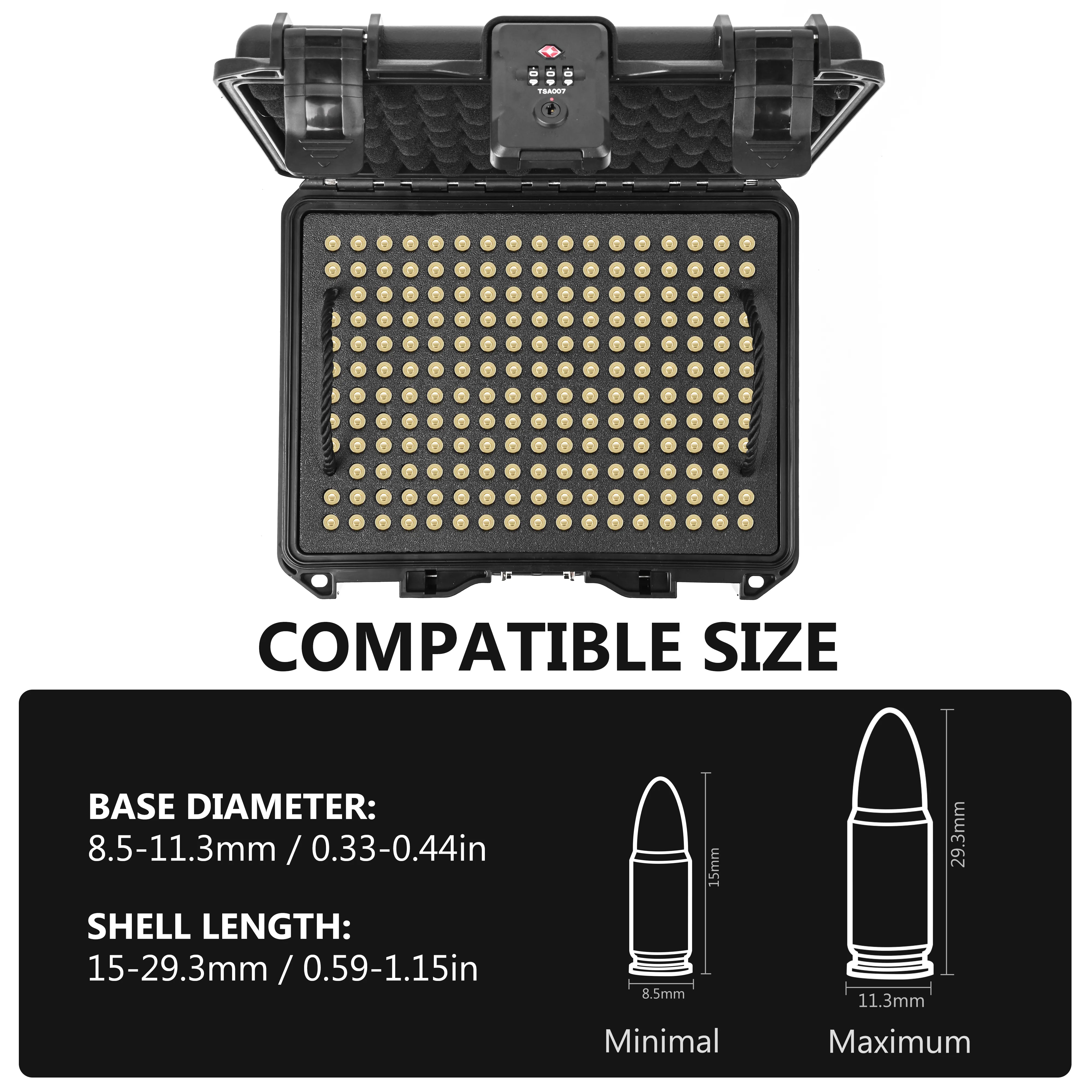 Bullet diameter and length compatibility guide for the 11-inch 9mm waterproof ammo case.