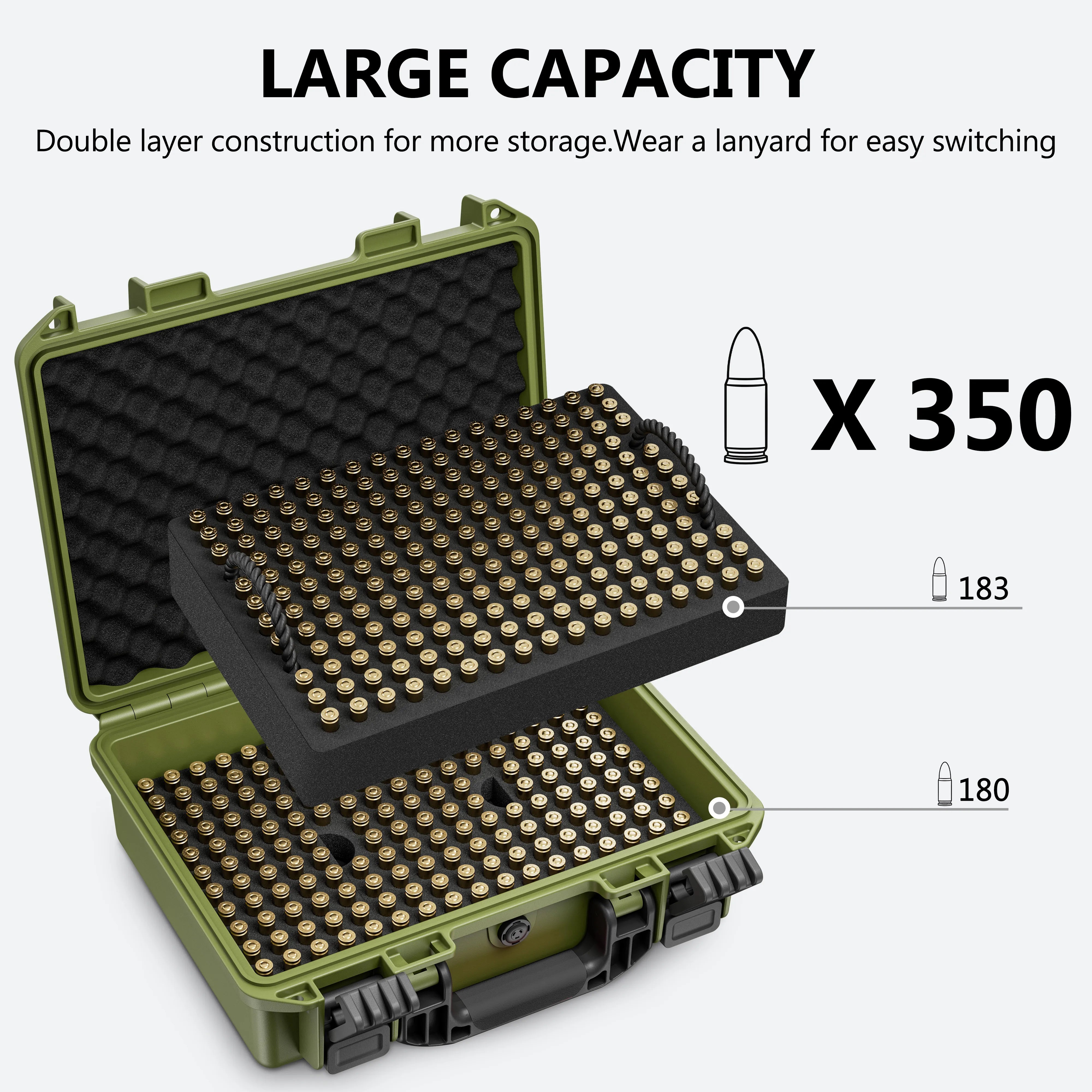 Large capacity waterproof ammo case featuring a double-layer construction designed to securely hold 350 rounds of 9mm ammunition.