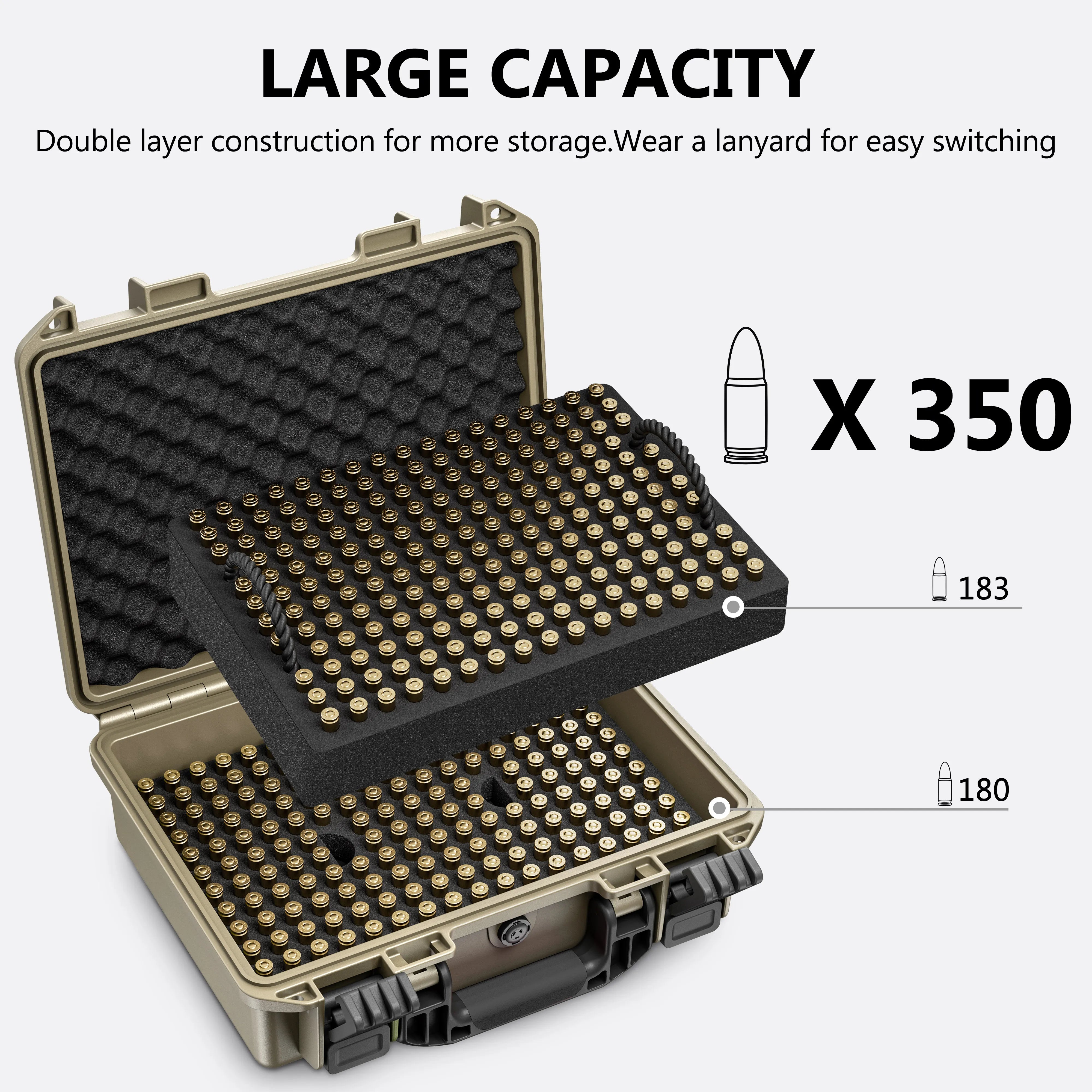 Large capacity waterproof ammo case featuring a double-layer construction designed to securely hold 350 rounds of 9mm ammunition.