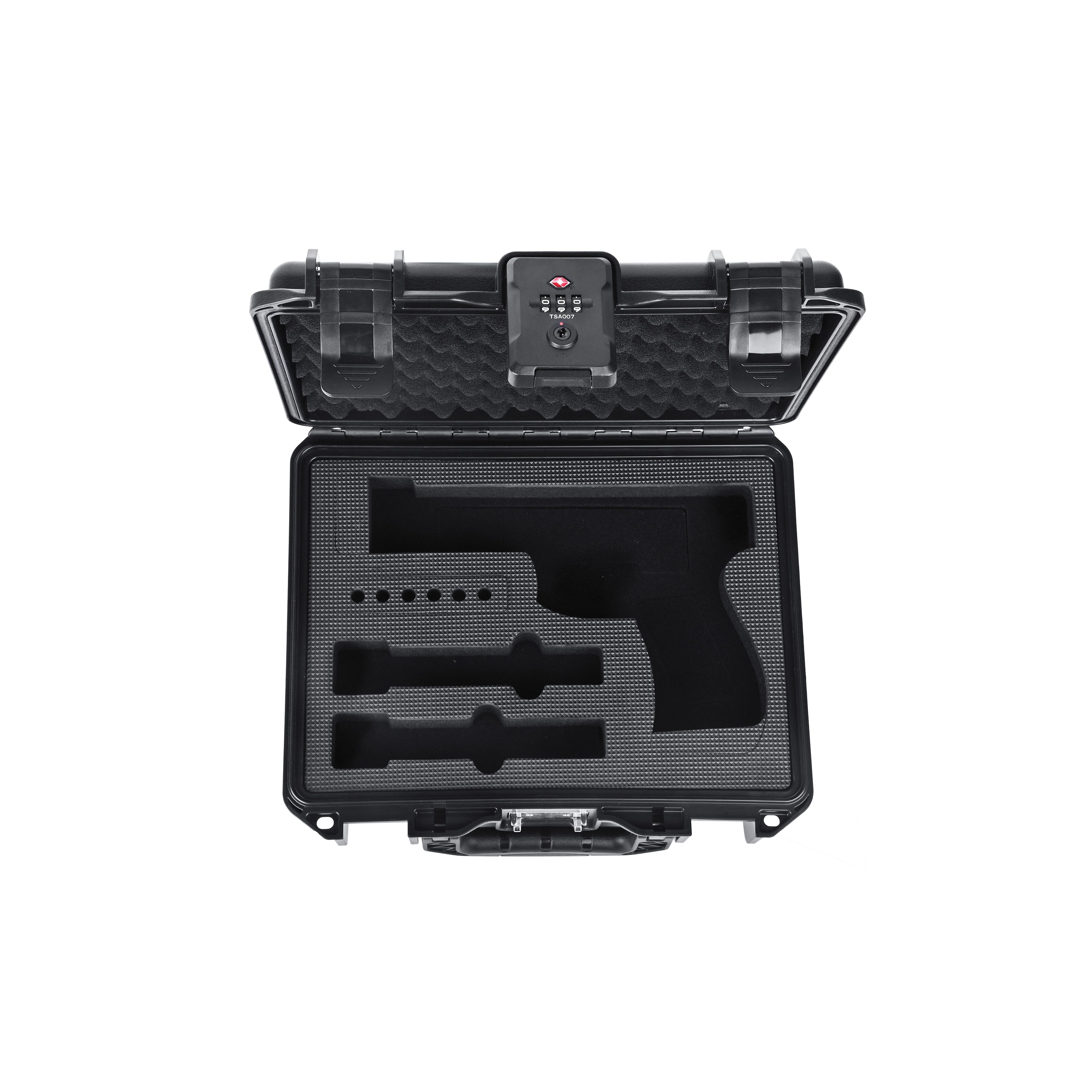 Top interior view of the single firearm and waterproof ammo case displaying premium cushioning for a Beretta pistol and extra magazines.