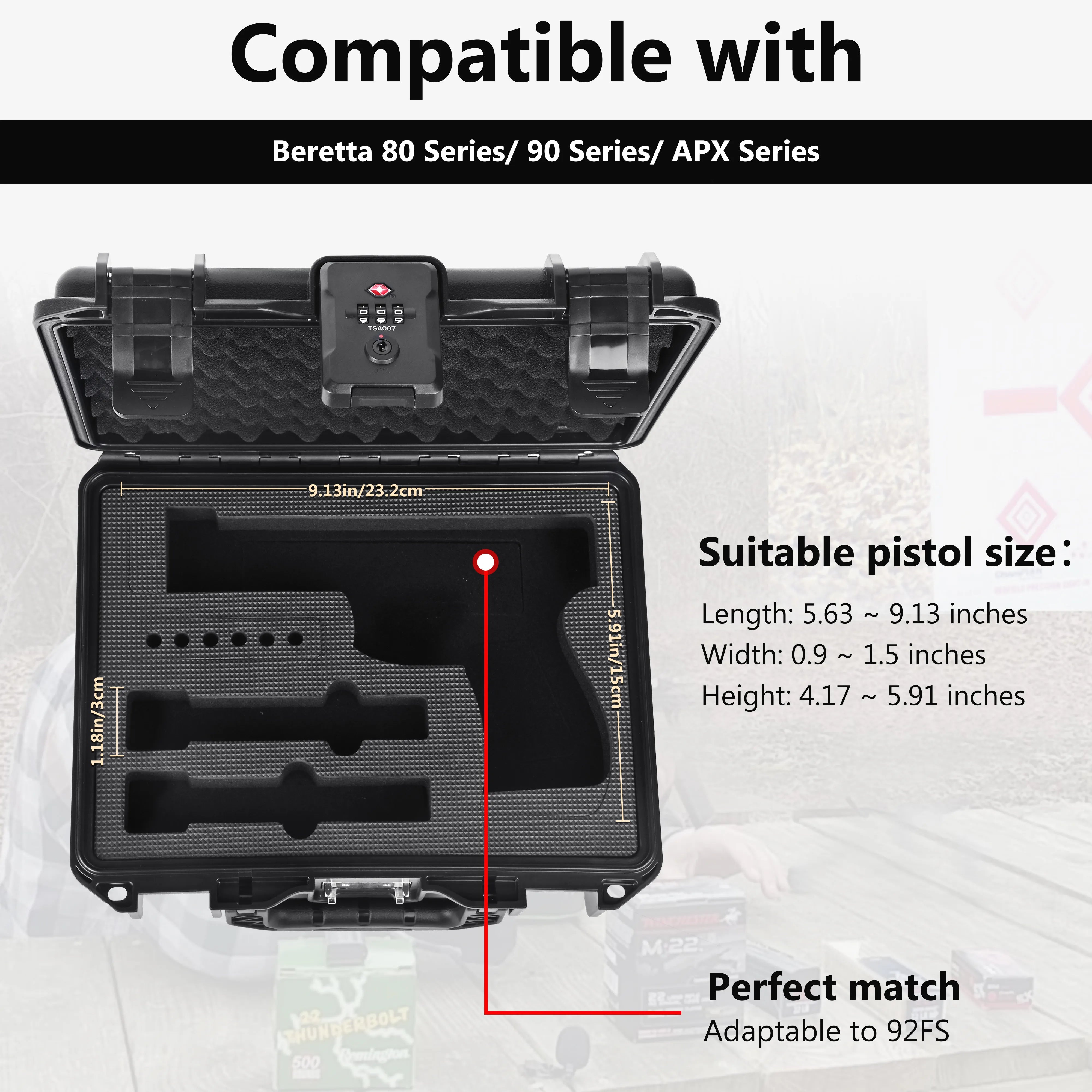Firearm compatibility guide for the 11-inch waterproof weapon case, showing the precise fit and protective layout for Beretta handguns.