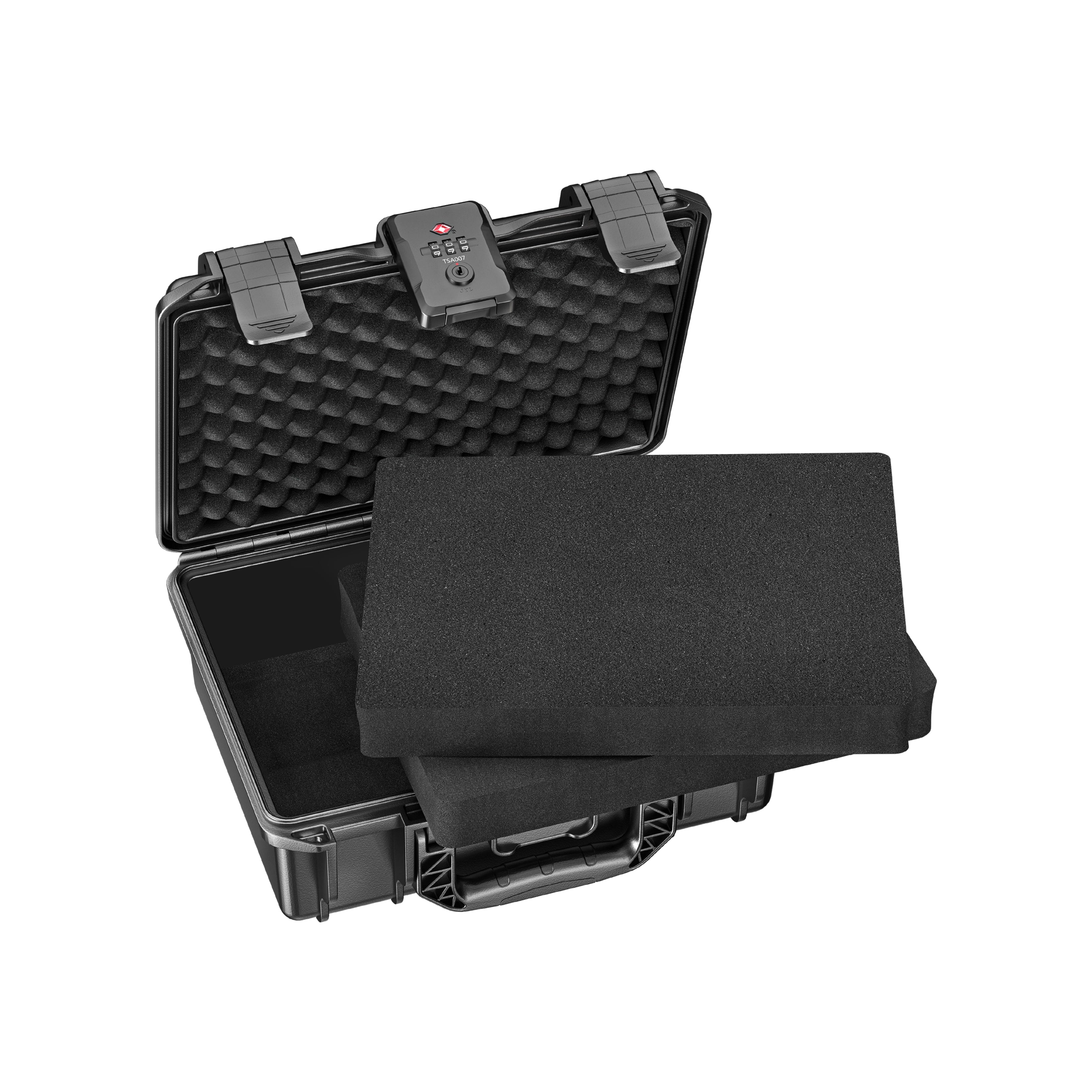 11-inch black waterproof weapon case open, featuring two layers of customizable DIY foam inserts for tailored firearm and accessory storage.