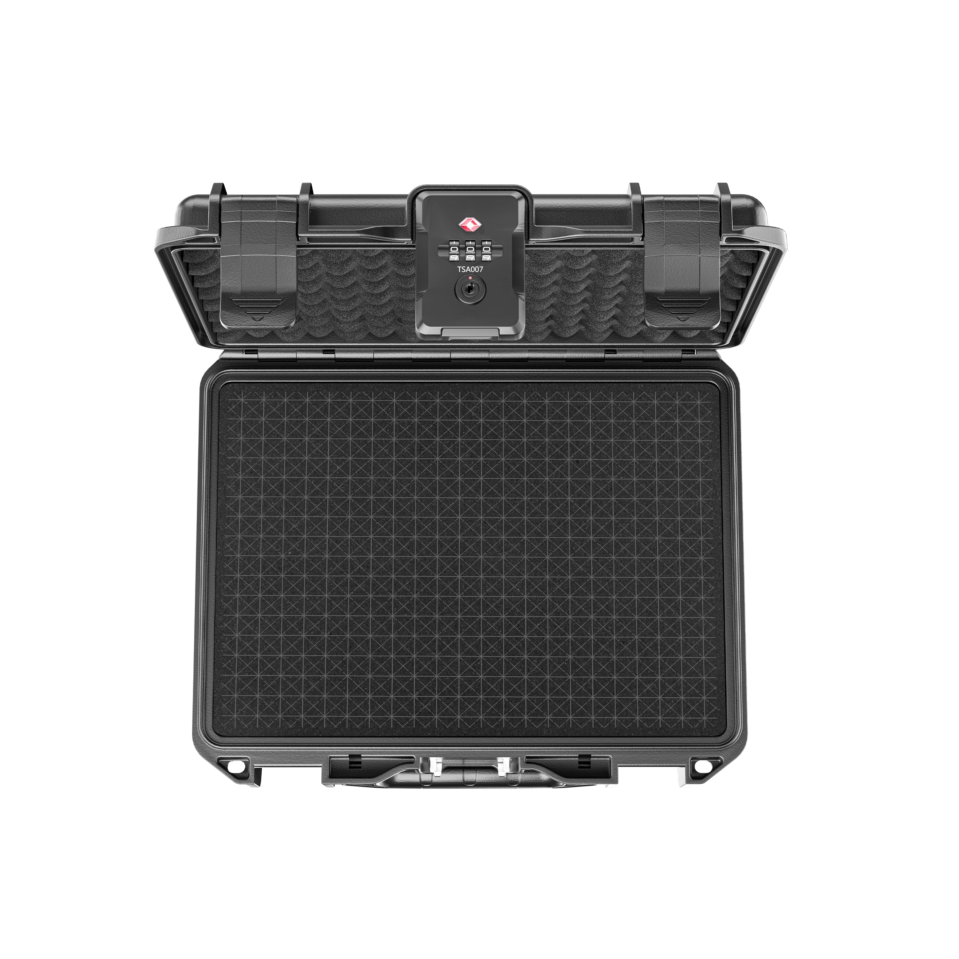 Top interior view of the waterproof ammo case and weapon storage, displaying the black pluck foam liner ready for customizable DIY slot disassembly.