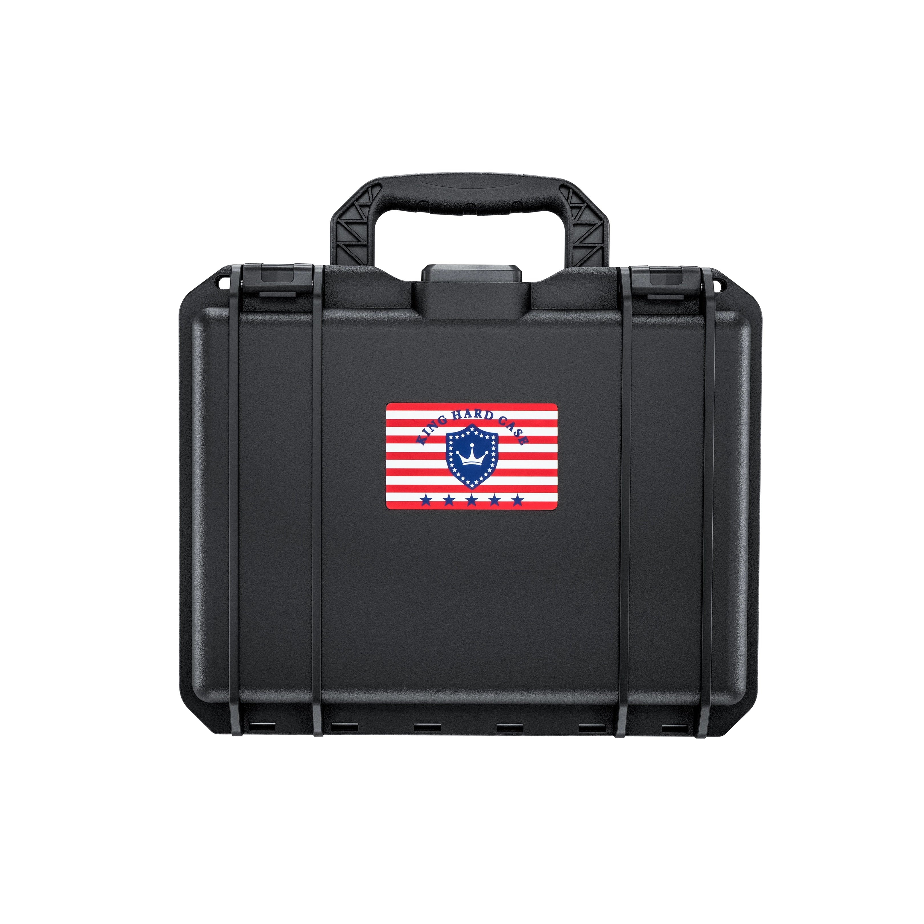 Front view of the rugged 11-inch lockable waterproof weapon case by KINGHARDCASE, equipped with a TSA-approved combination lock.