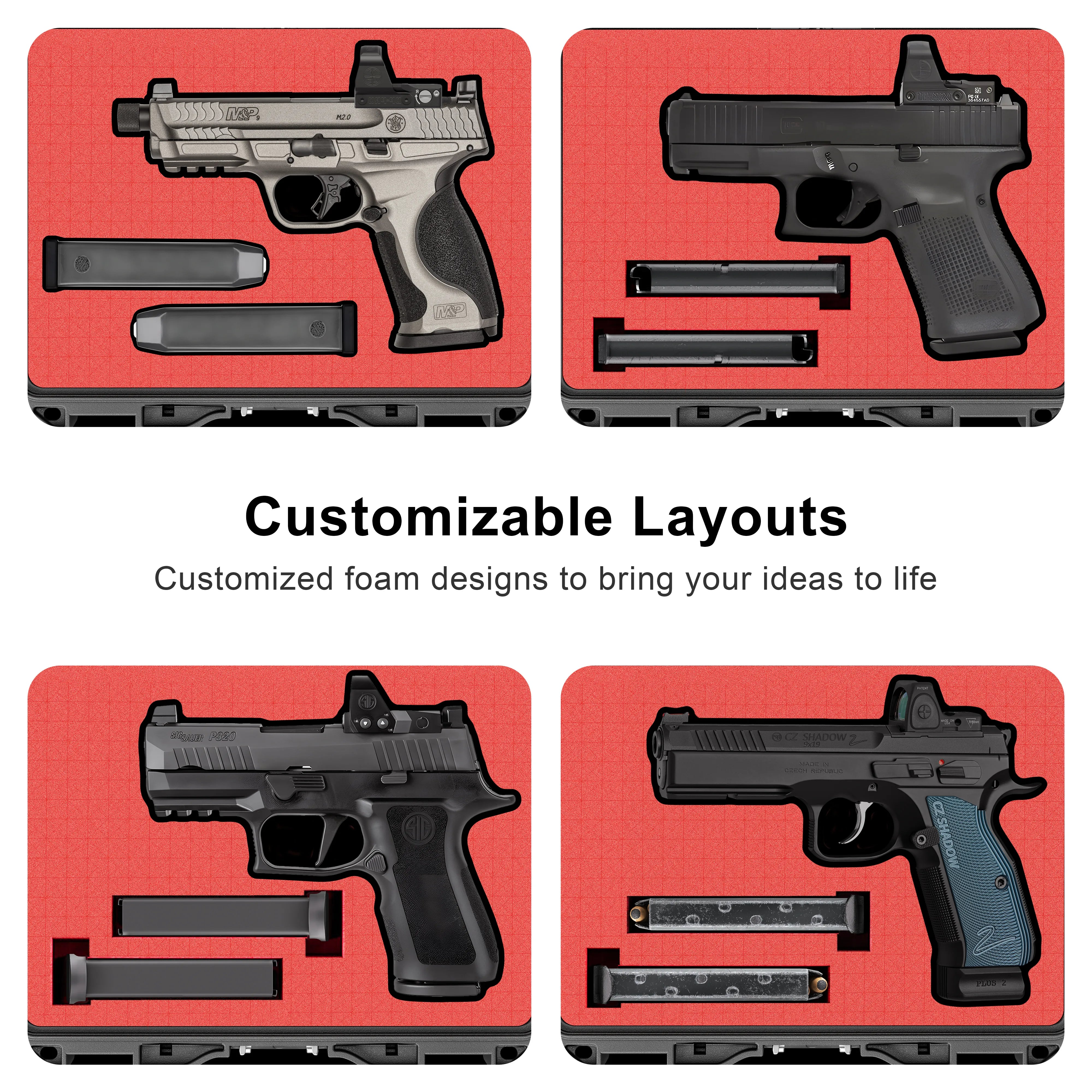 Four customizable layout examples using the DIY sponge inside the 11-inch waterproof weapon case, providing tailored protection for various handguns and magazines.